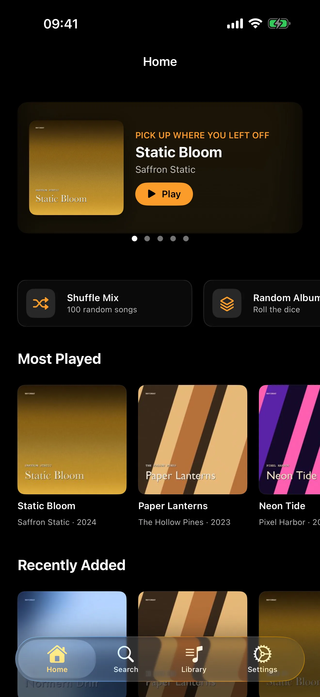 NaviBeat Home on iPhone with tab bar and library browsing