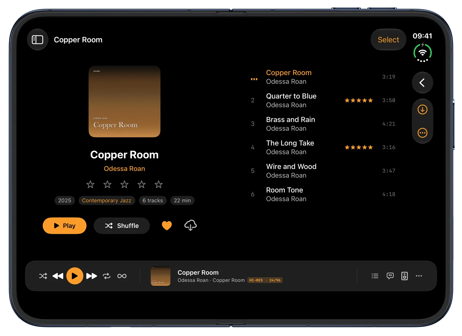NaviBeat on iPhone Duo: an album page with the cover and actions on the left page and every track on the right.