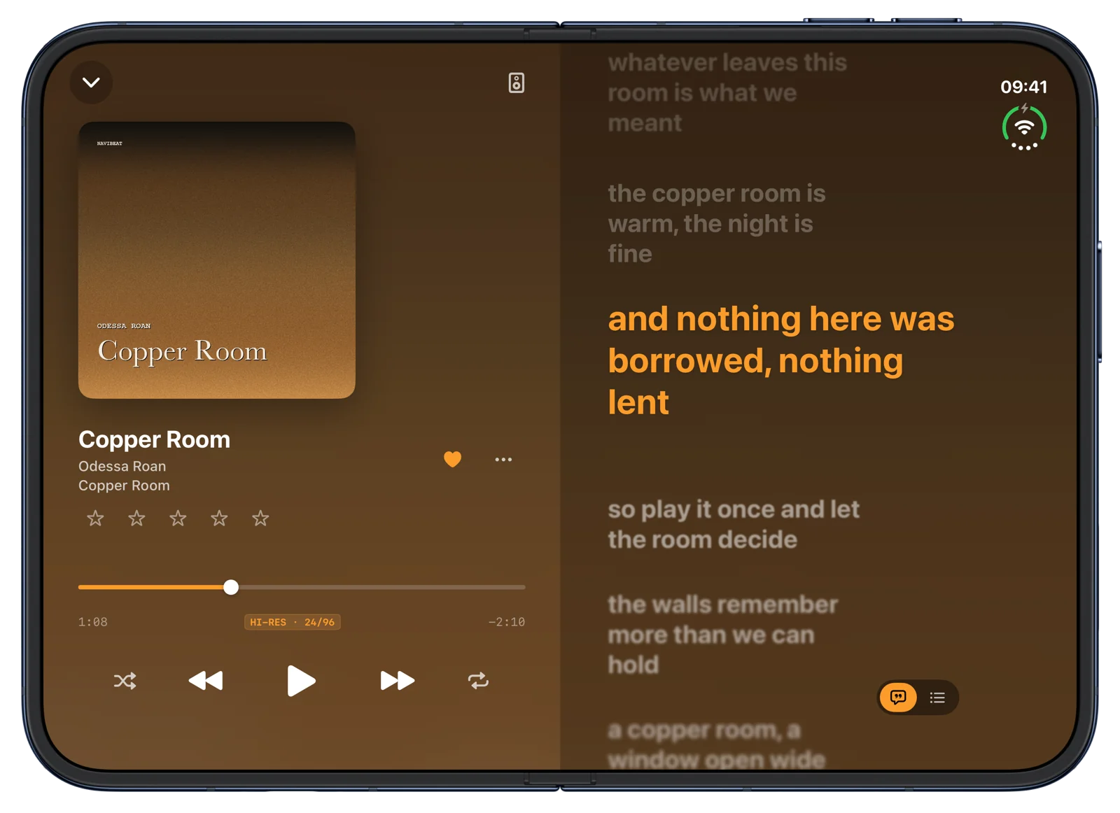 NaviBeat on iPhone Duo with the Filled look: both pages tinted in the colour of the album cover.