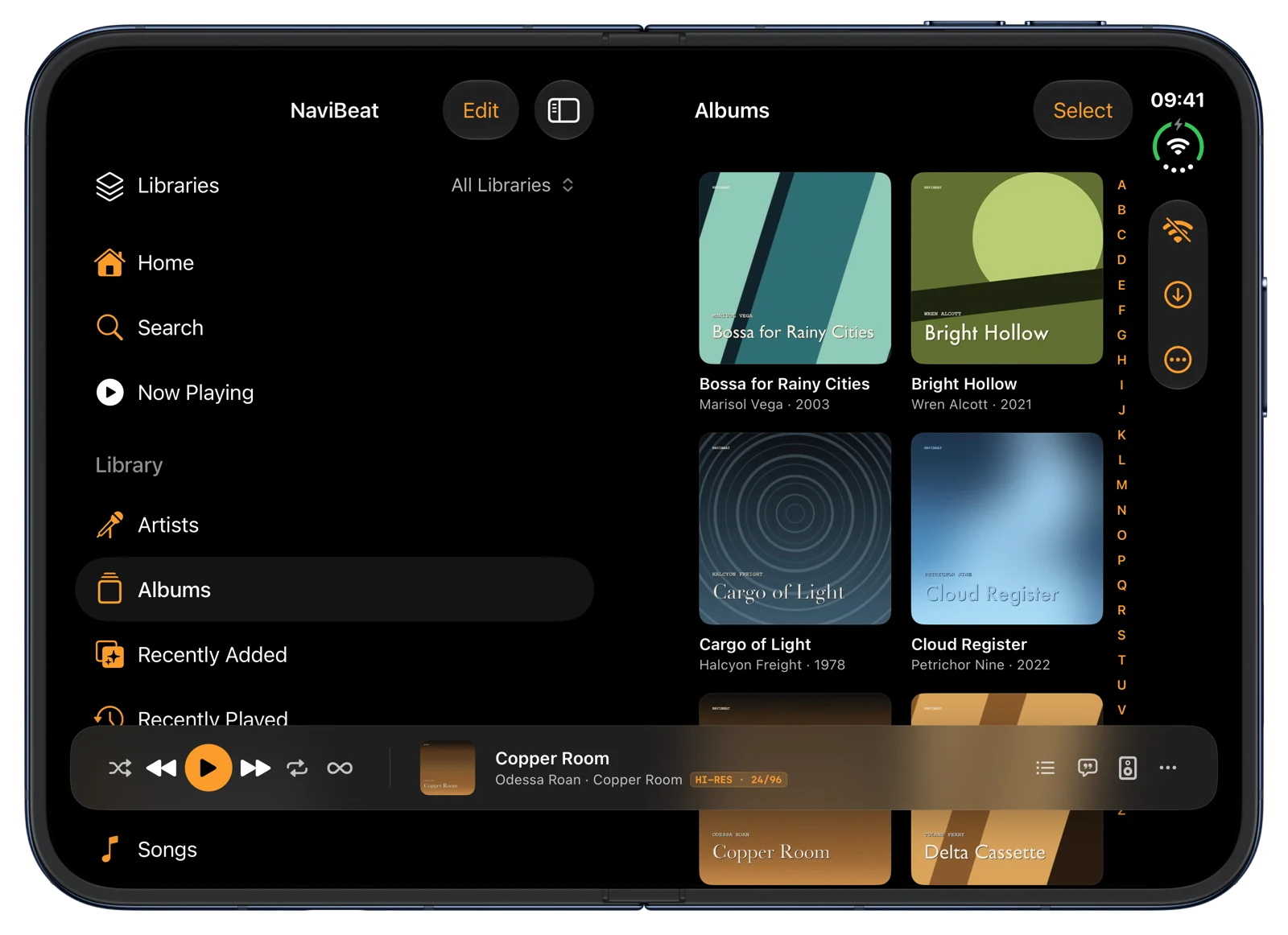 NaviBeat on iPhone Duo: the library sidebar on one page and the album grid on the other.