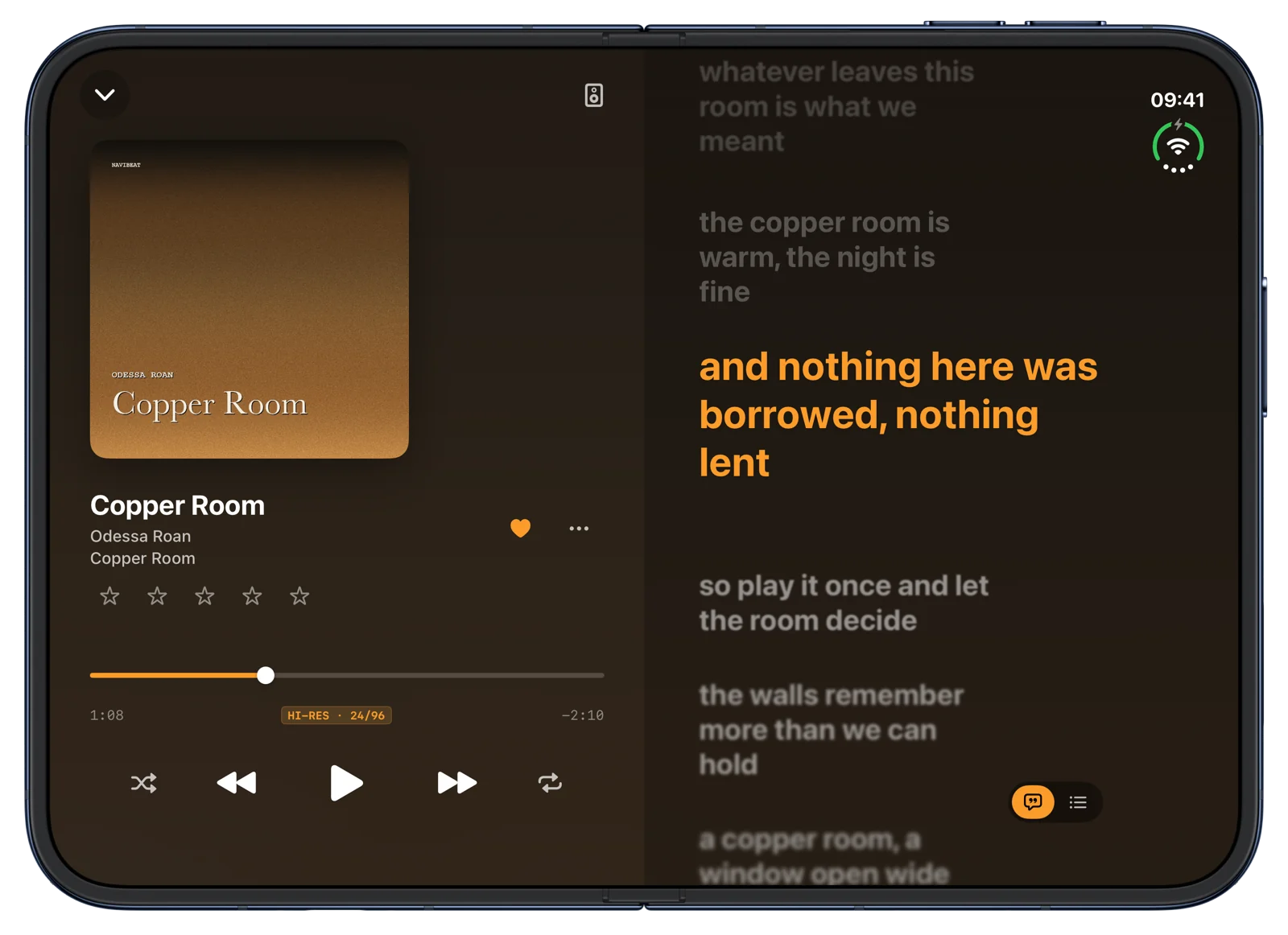 NaviBeat on iPhone Duo, half open: cover and controls on the left page, synced lyrics on the right page.