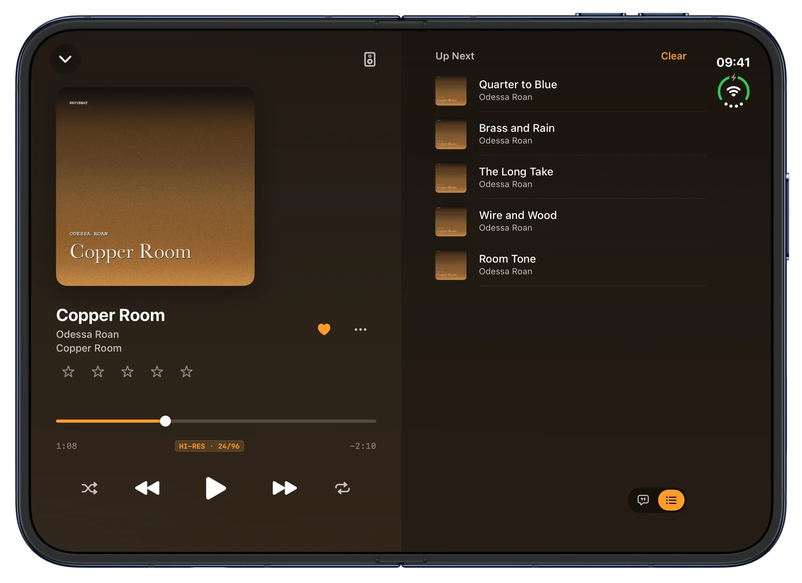 NaviBeat on iPhone Duo, half open: the player on the left page, Up Next on the right page.