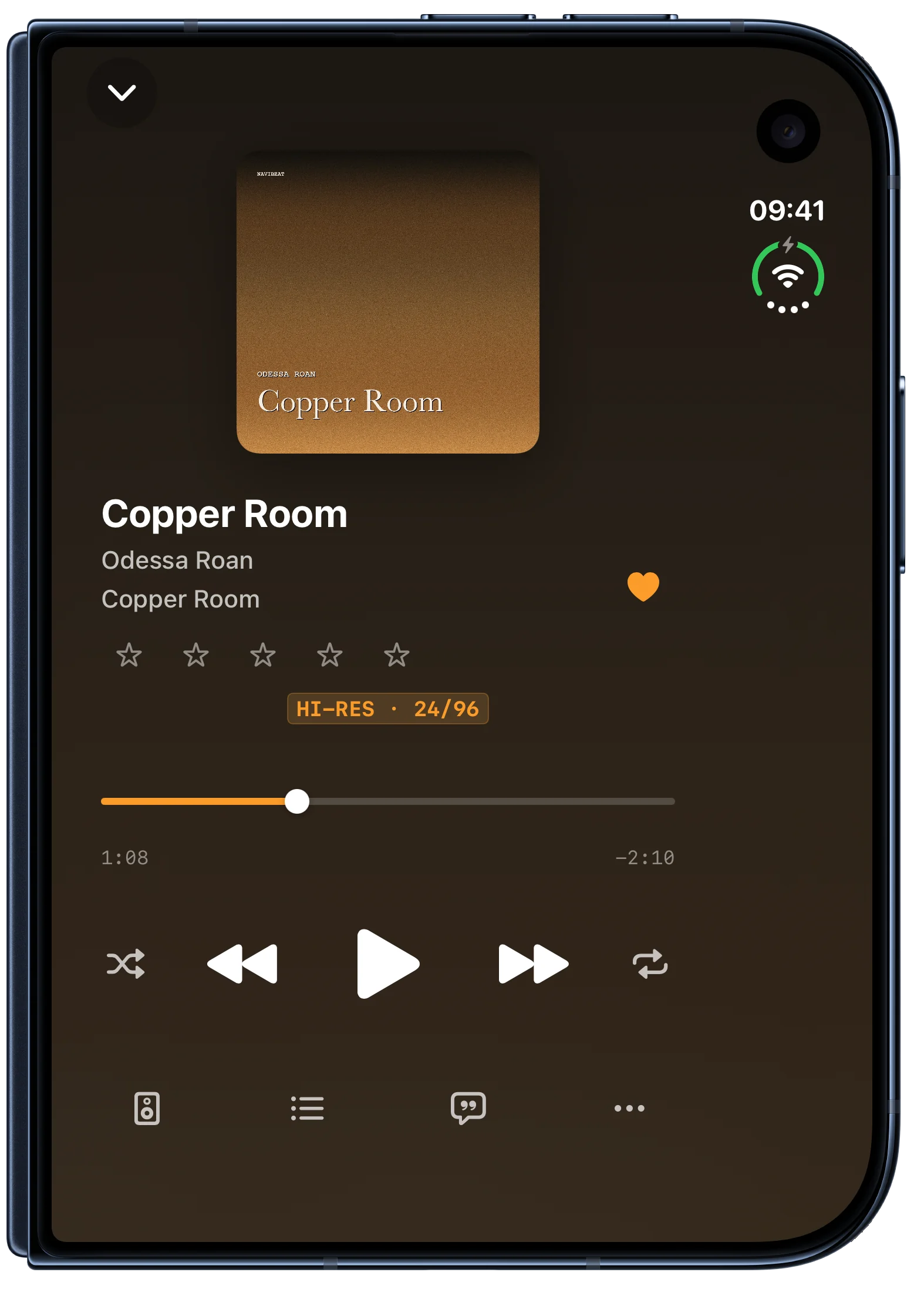 NaviBeat on the outer screen of a folded iPhone Duo, showing Now Playing with a Hi-Res 24/96 badge.