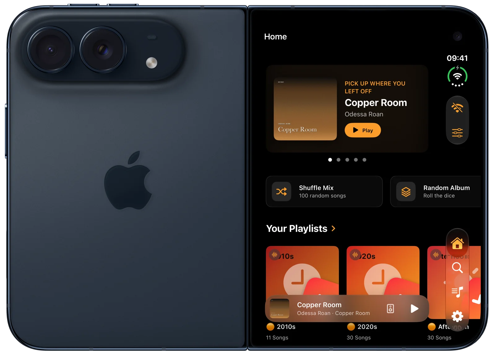 NaviBeat on iPhone Duo, opened and seen from outside: the back on the left, Home on the outer screen on the right.