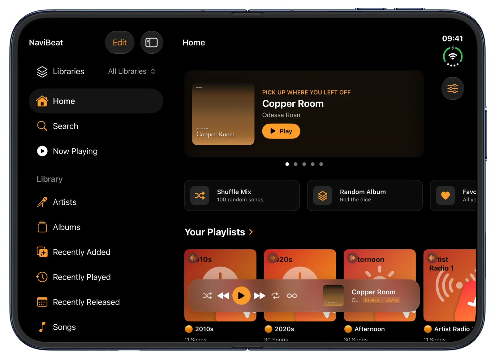 NaviBeat on iPhone Duo, fully open: Home across both pages.