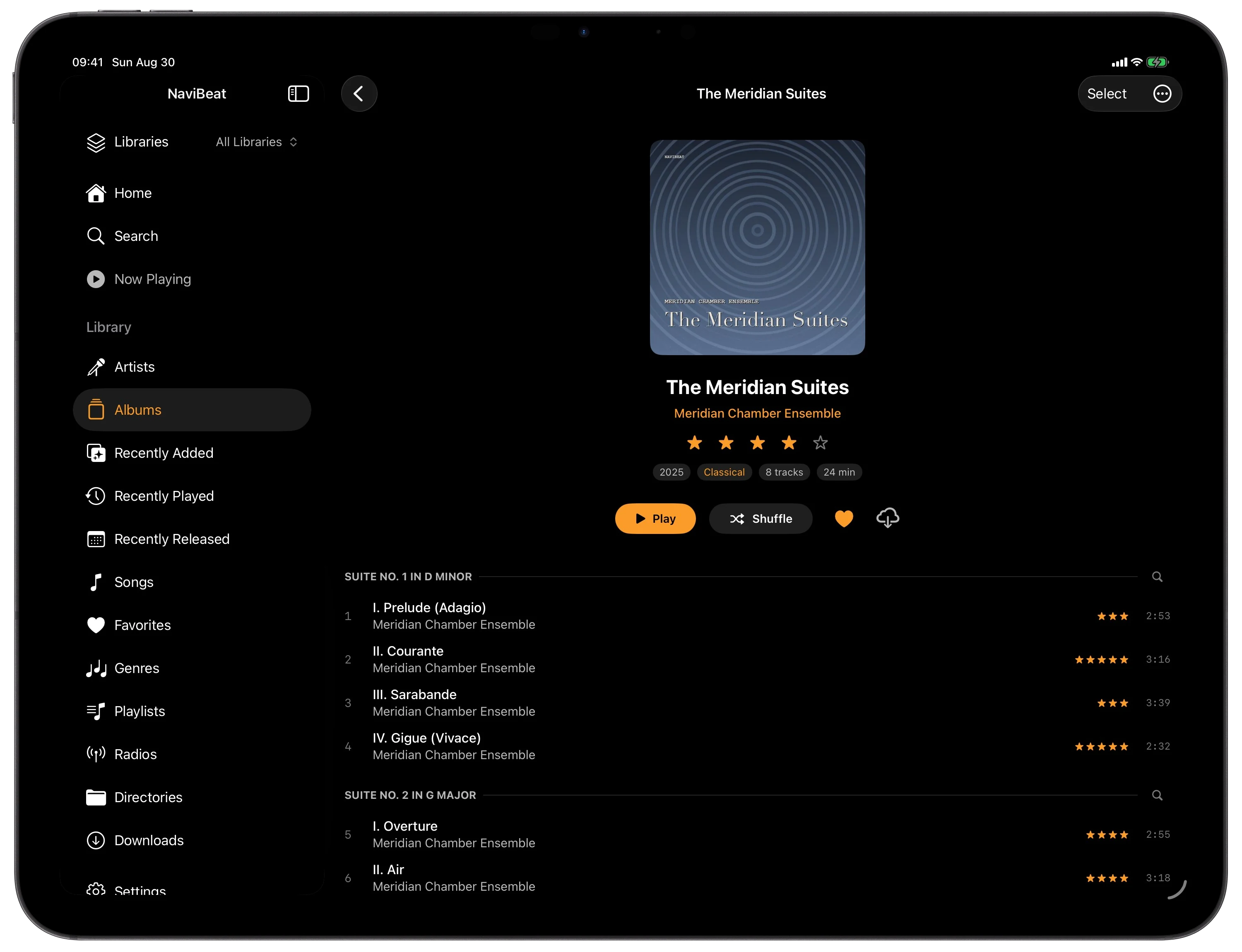 NaviBeat album detail on iPad showing The Meridian Suites grouped by work, with Suite No. 1 in D minor and its four movements listed in order