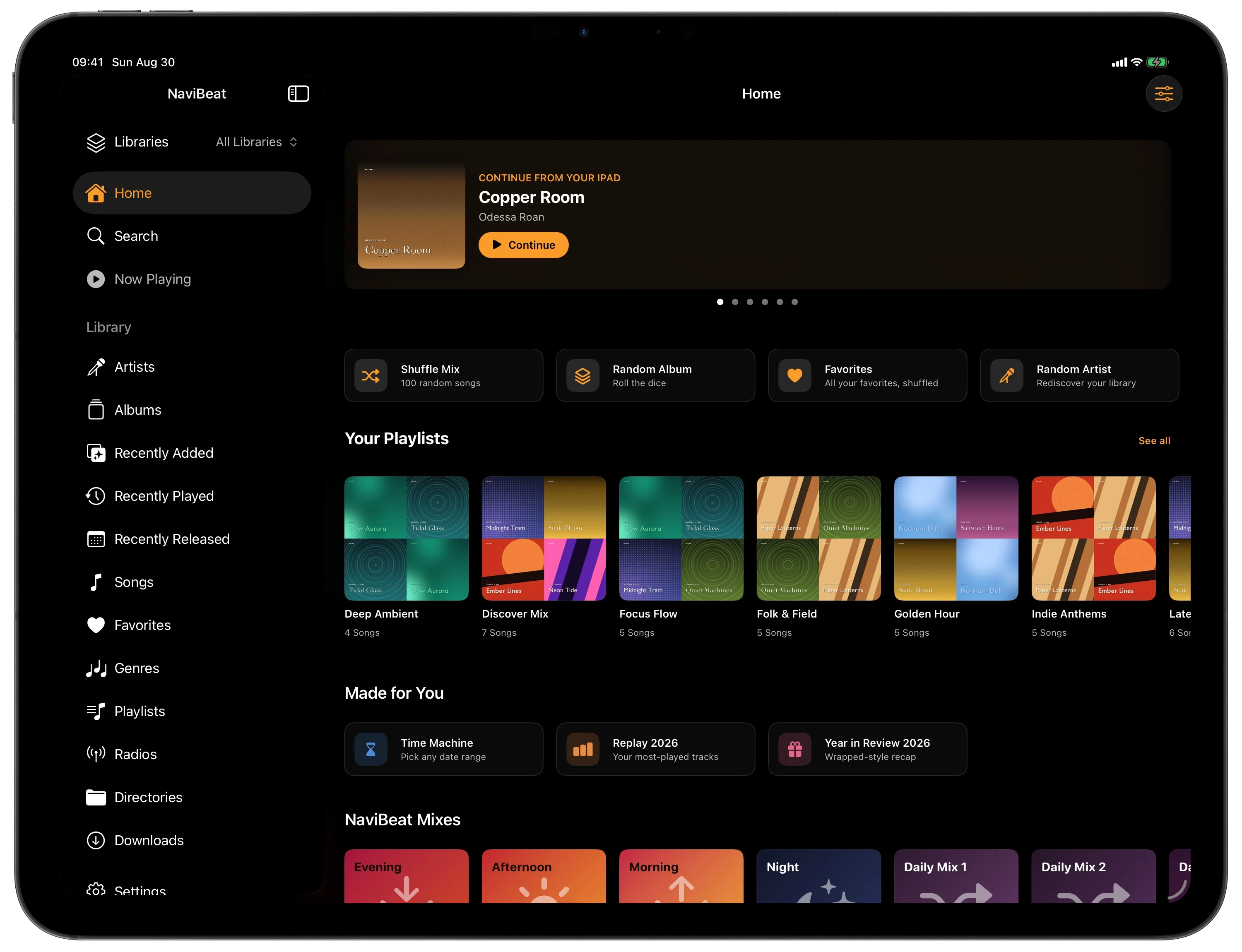 NaviBeat Home on iPad Pro with sidebar, Featured Album hero, Quick Play row, and Most Played shelf.