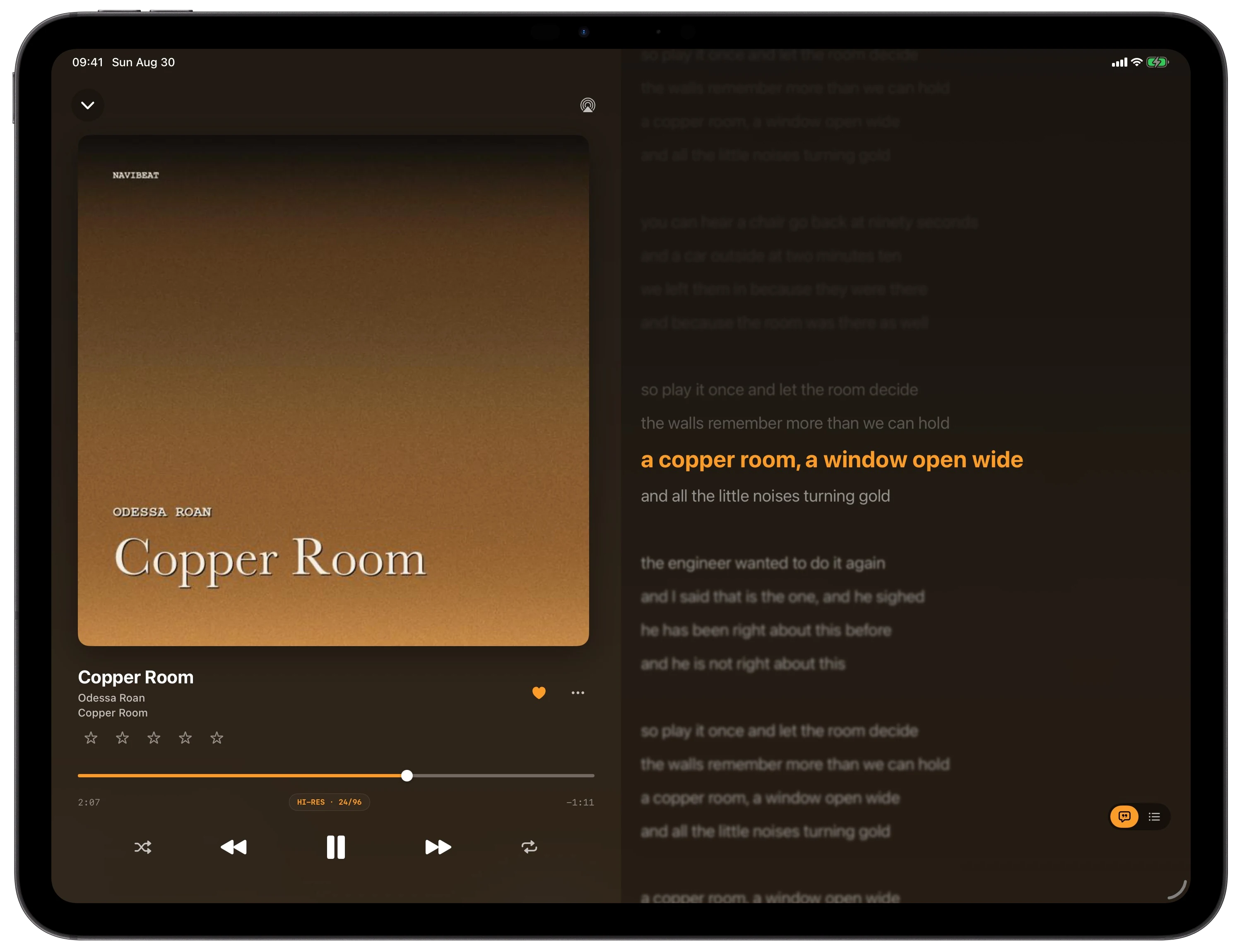 NaviBeat time-synced lyrics on iPad with the lyrics panel open alongside the queue