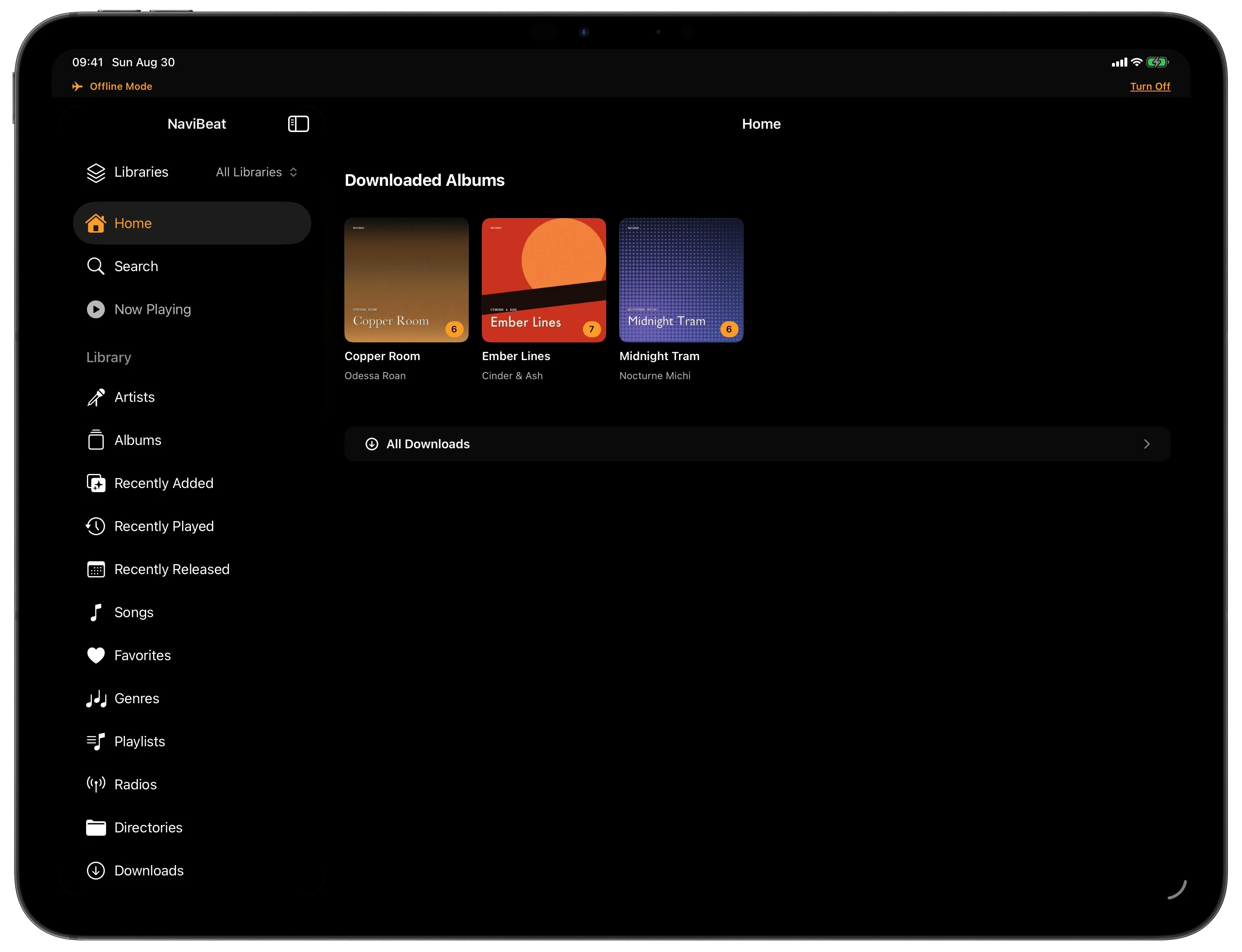NaviBeat Home on iPad in Offline Mode, with a Downloaded Albums shelf and an orange Offline Mode banner