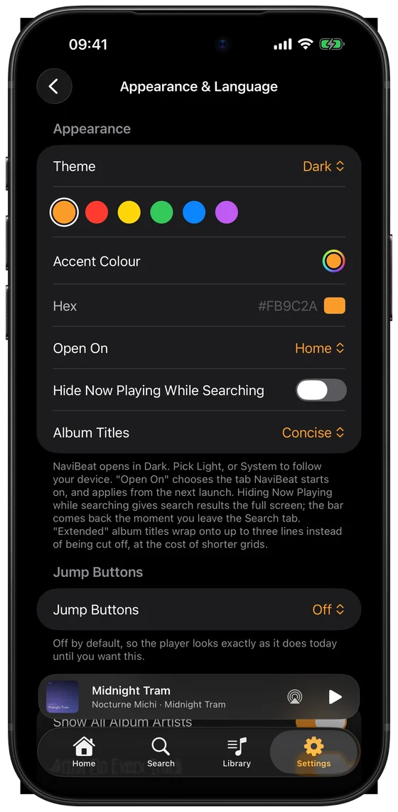 NaviBeat with a custom accent colour on iPhone.