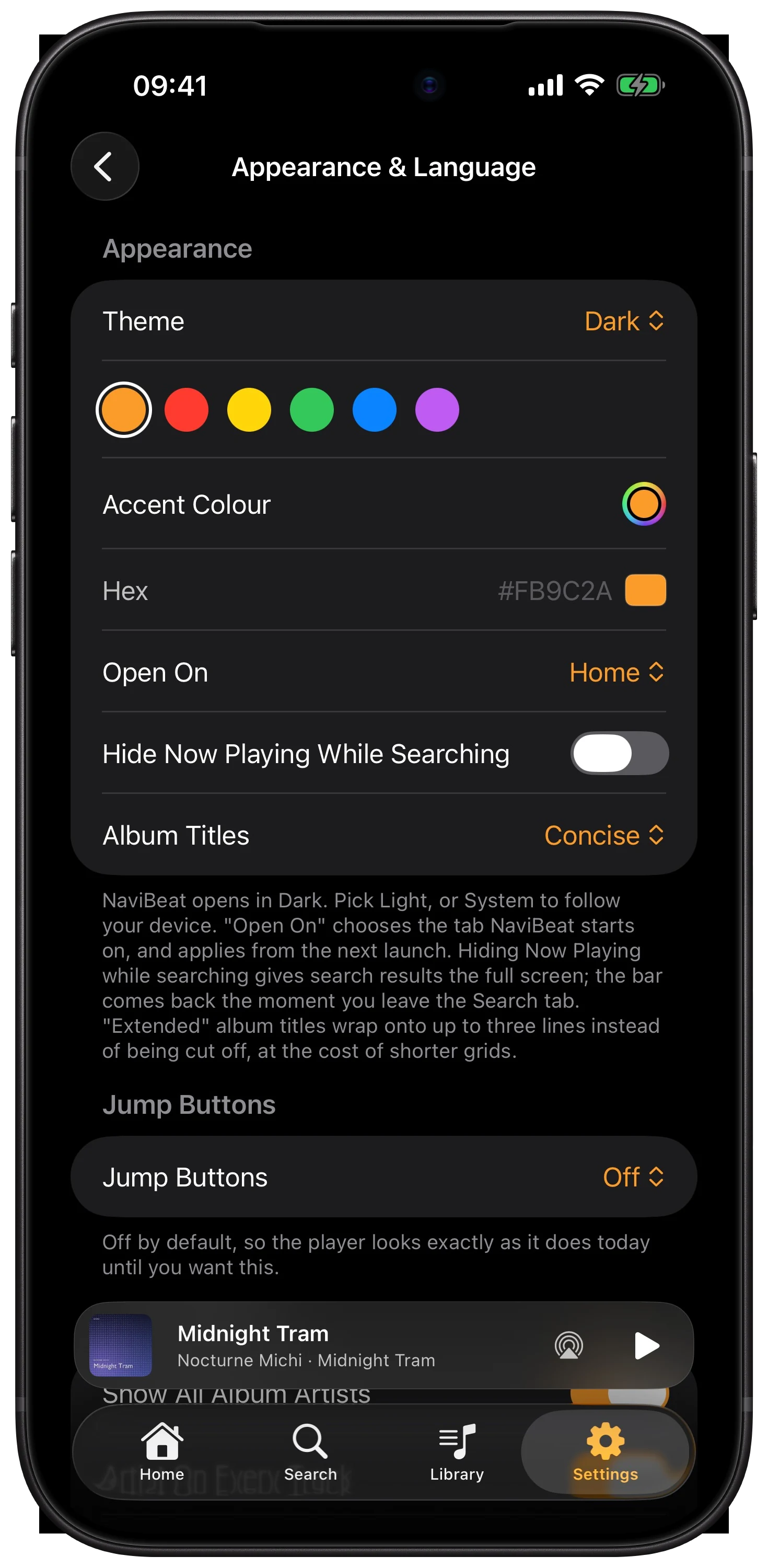 NaviBeat Appearance settings on iPhone: six accent colour swatches with amber selected, a full colour picker, and a hex field reading #FB9C2A