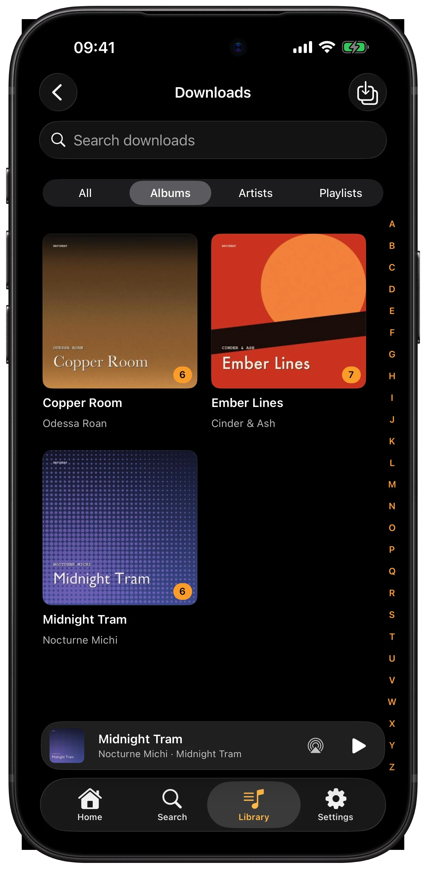 NaviBeat Downloads on iPhone with All, Albums, Artists, and Playlists filters and three downloaded albums shown
