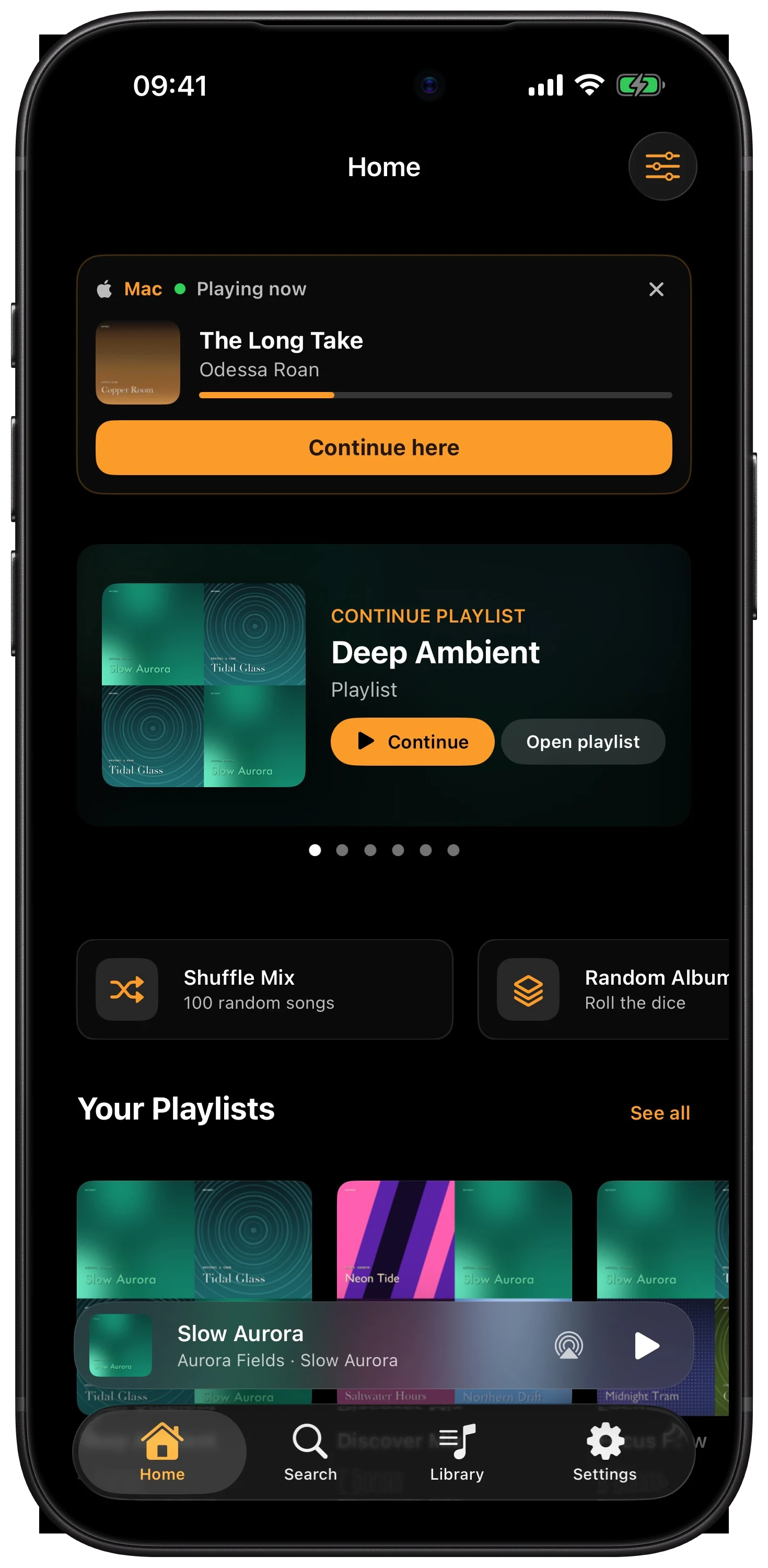 The Continue card at the top of NaviBeat's Home screen on iPhone, showing a track playing right now on another device with a Continue here button