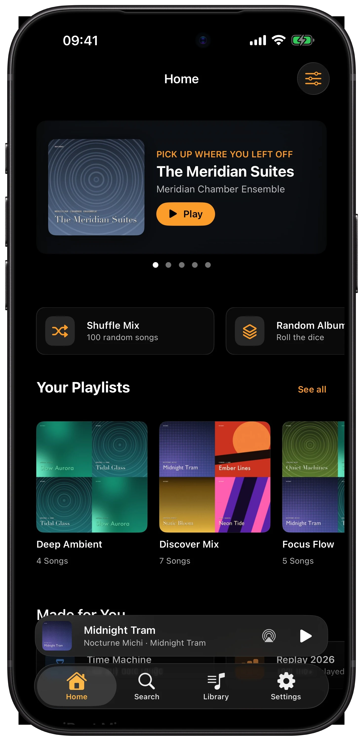 NaviBeat Home on iPhone with tab bar and library browsing