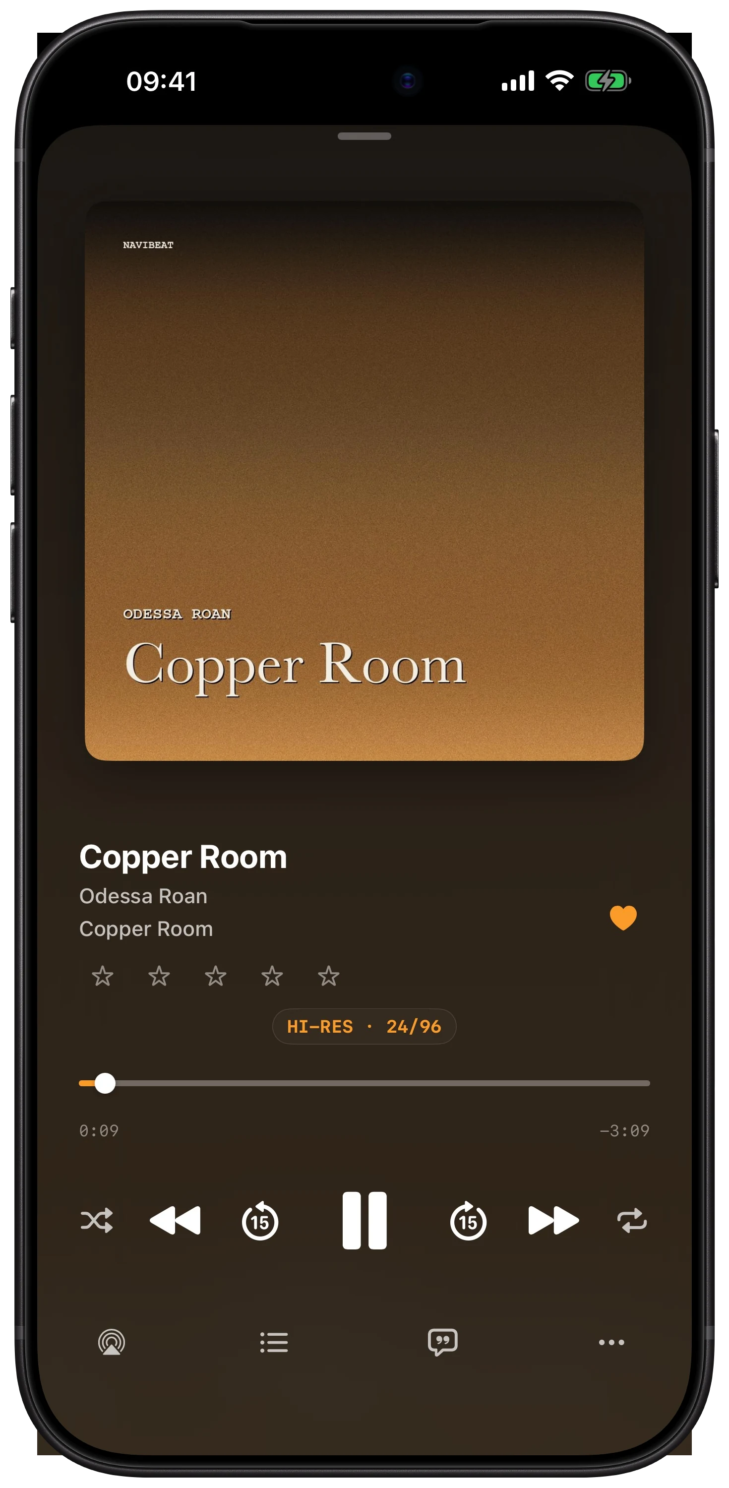 NaviBeat Now Playing on iPhone with the jump buttons: shuffle, previous, back 15 seconds, pause, forward 15 seconds, next and repeat, with Previous and Next still in place