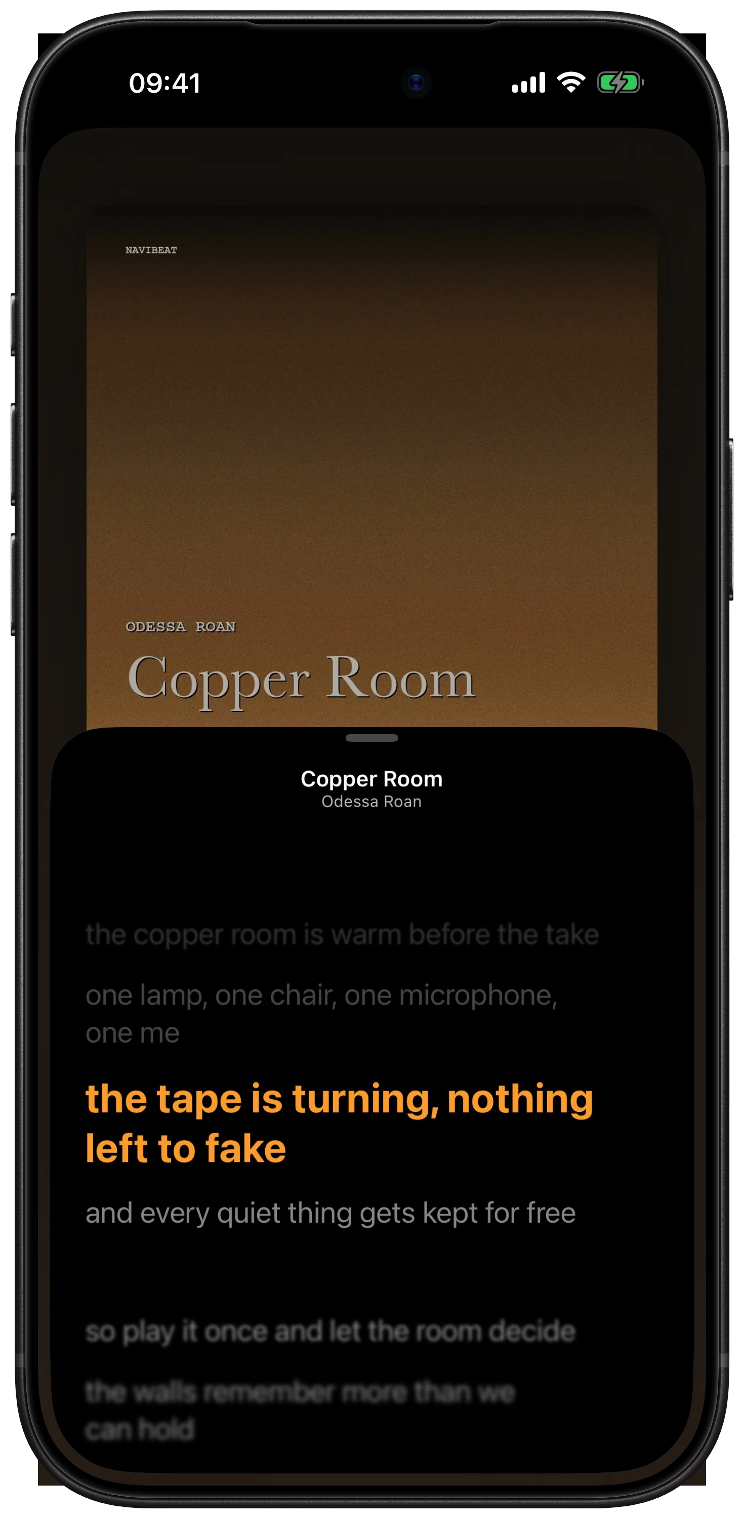 NaviBeat time-synced lyrics on iPhone with active line highlighted