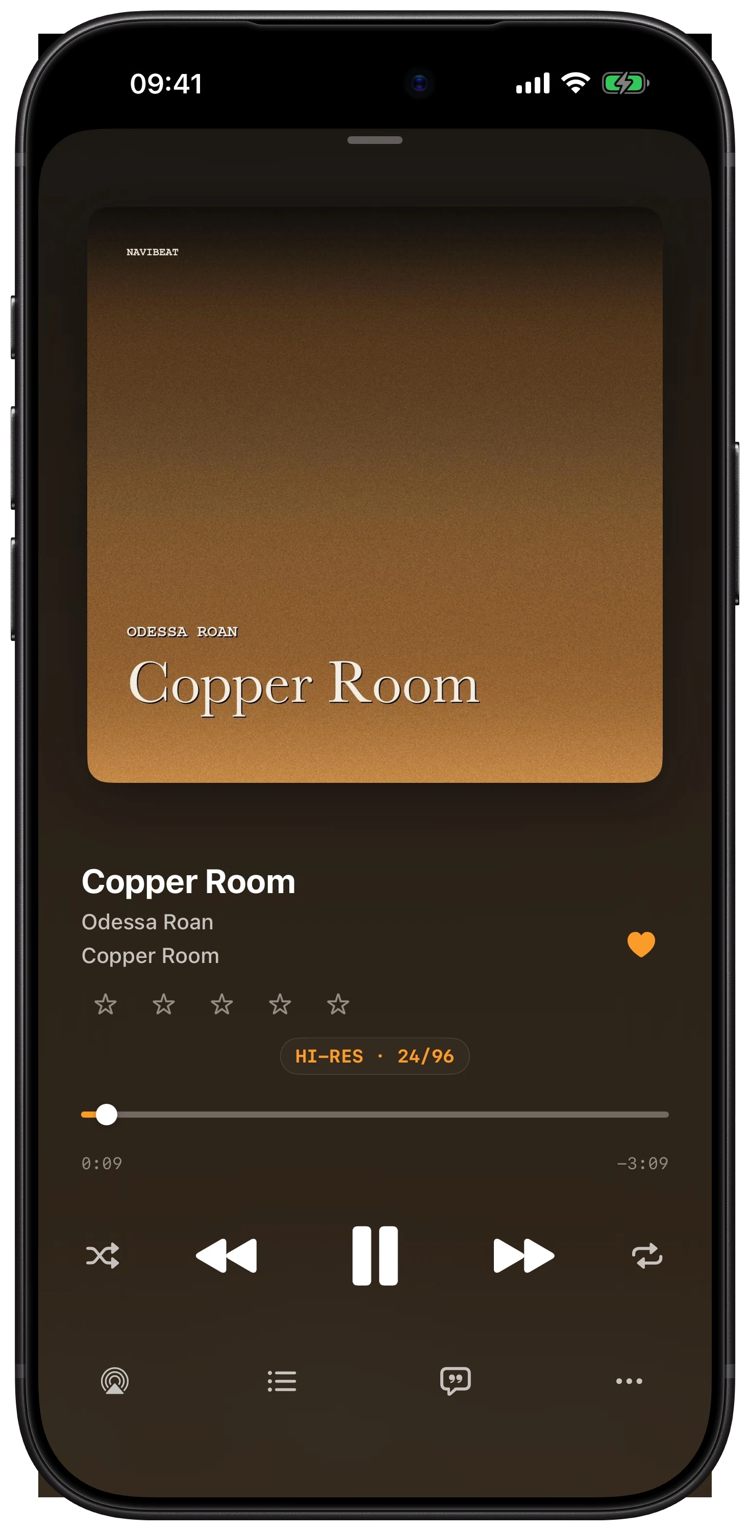 NaviBeat Now Playing full-screen on iPhone showing album art with transport controls and time-synced lyrics button.