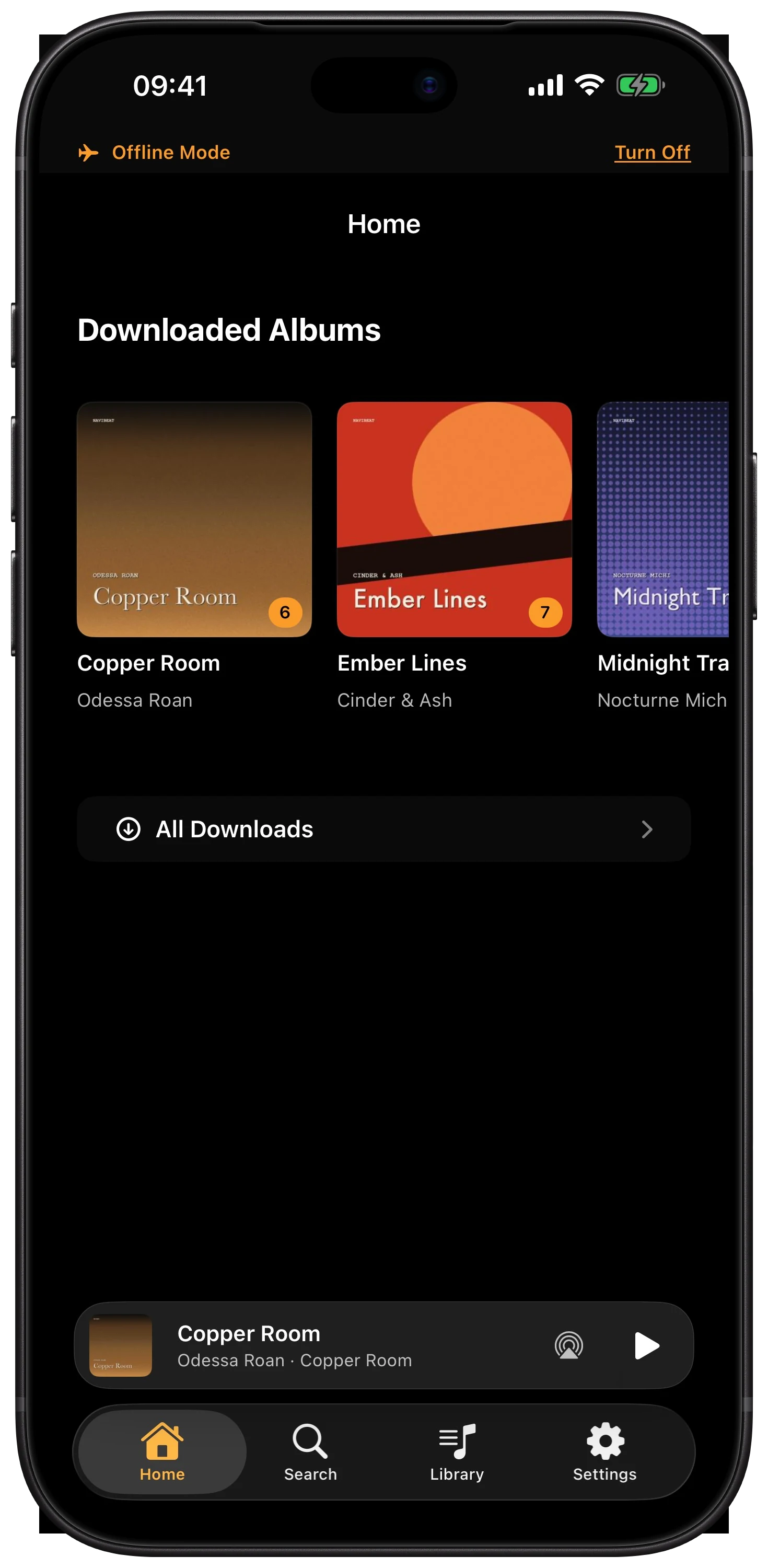 NaviBeat Home on iPhone in Offline Mode, with a Downloaded Albums shelf and an orange Offline Mode banner with a Turn Off toggle