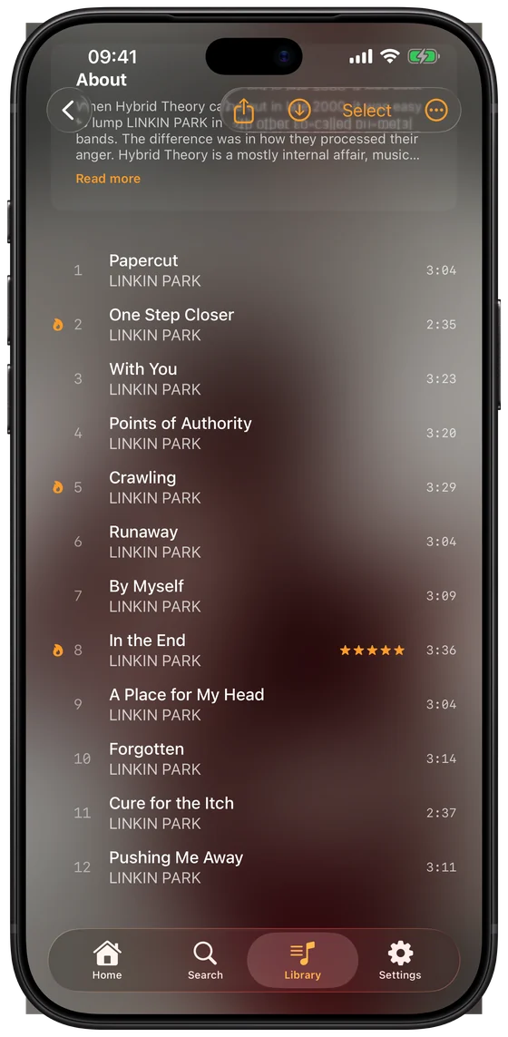 An album page on iPhone with a flame in front of the track number of its three most popular songs.