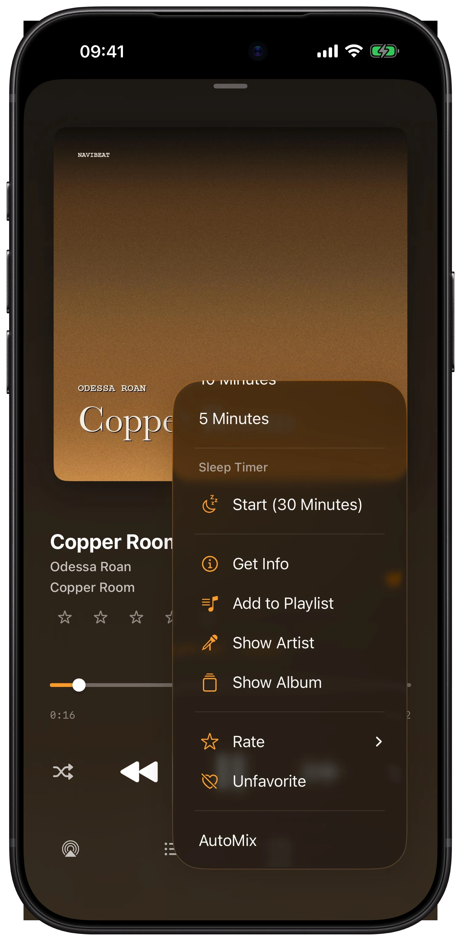 NaviBeat sleep timer on iPhone