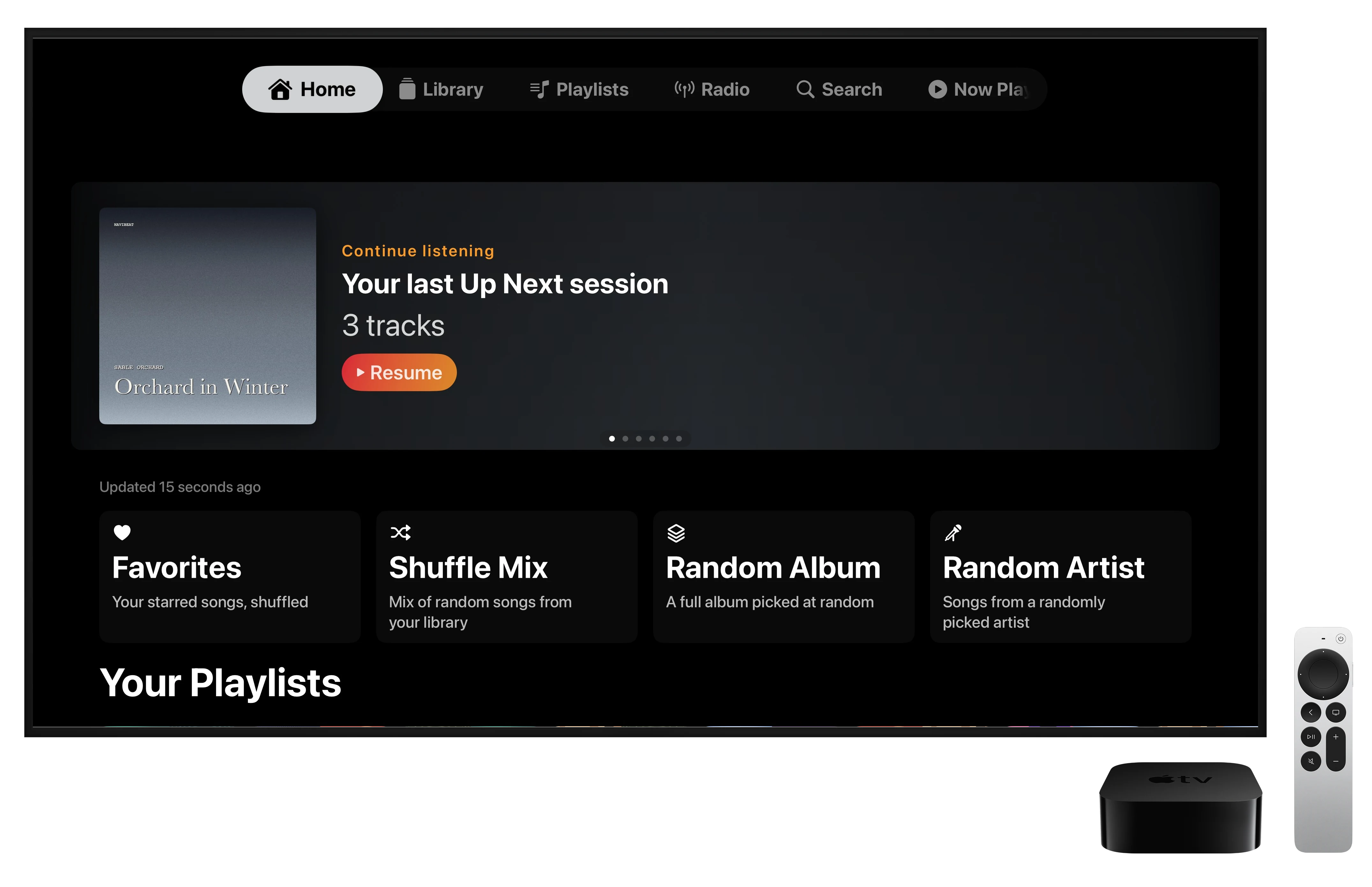 NaviBeat Home screen on Apple TV 4K showing a Featured Album hero banner, Quick Play shelf with Favourites, Shuffle Mix, Random Album and Random Artist tiles, and Recently Added albums below.