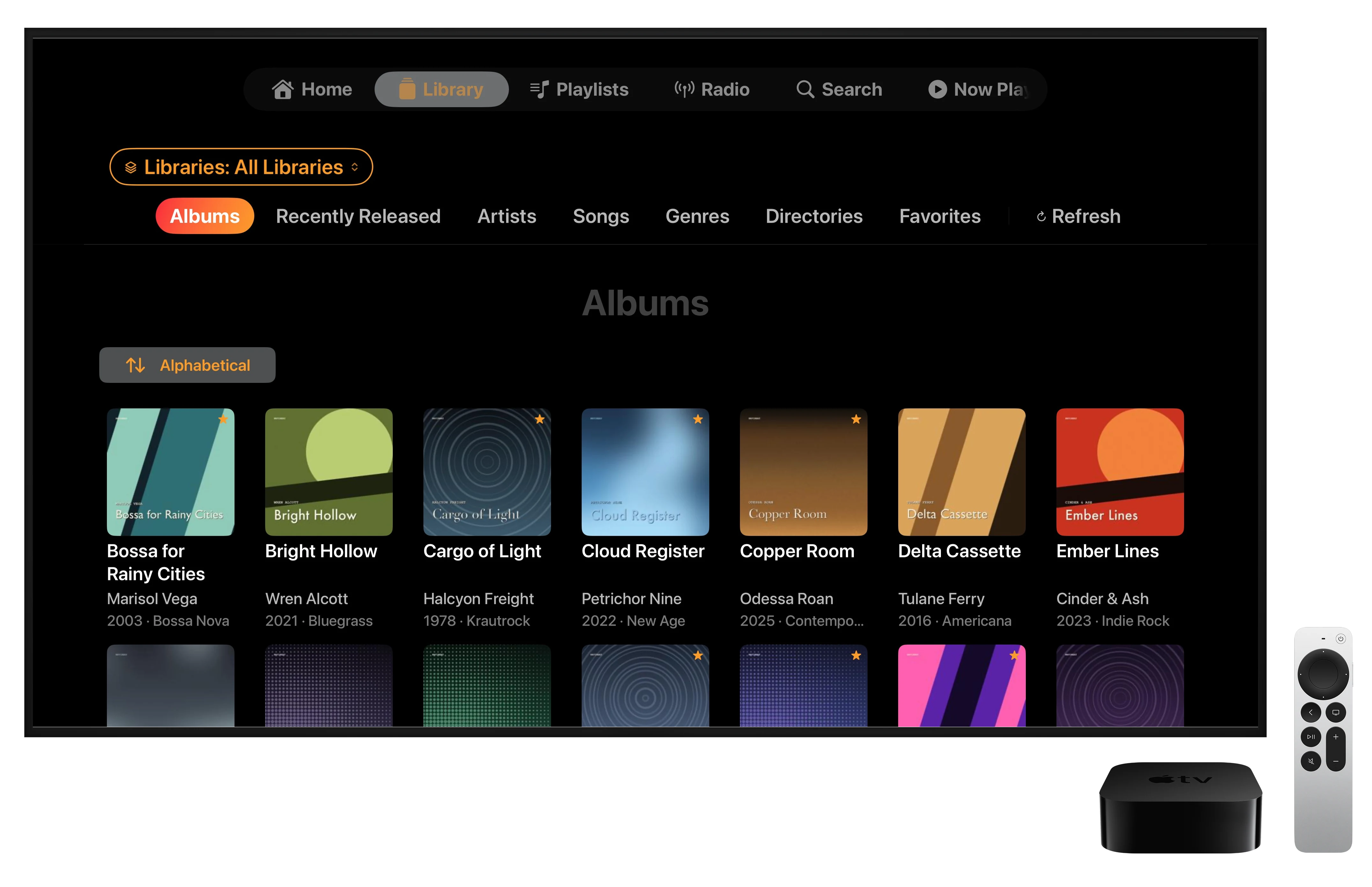 NaviBeat Library view on Apple TV showing the Albums tab with a grid of cover art, artist names, year, and genre metadata.