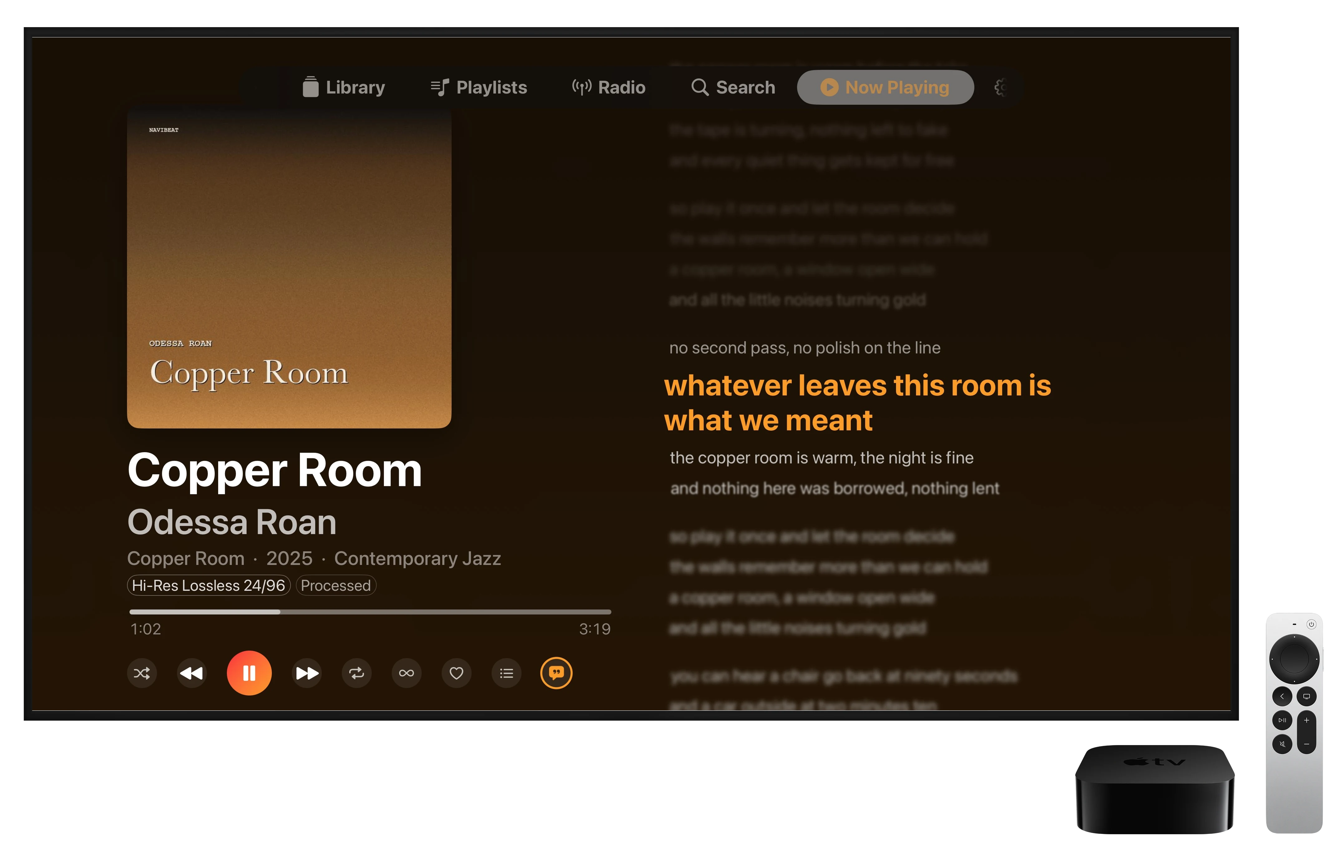 NaviBeat time-synced lyrics view on Apple TV with the active line highlighted in amber.