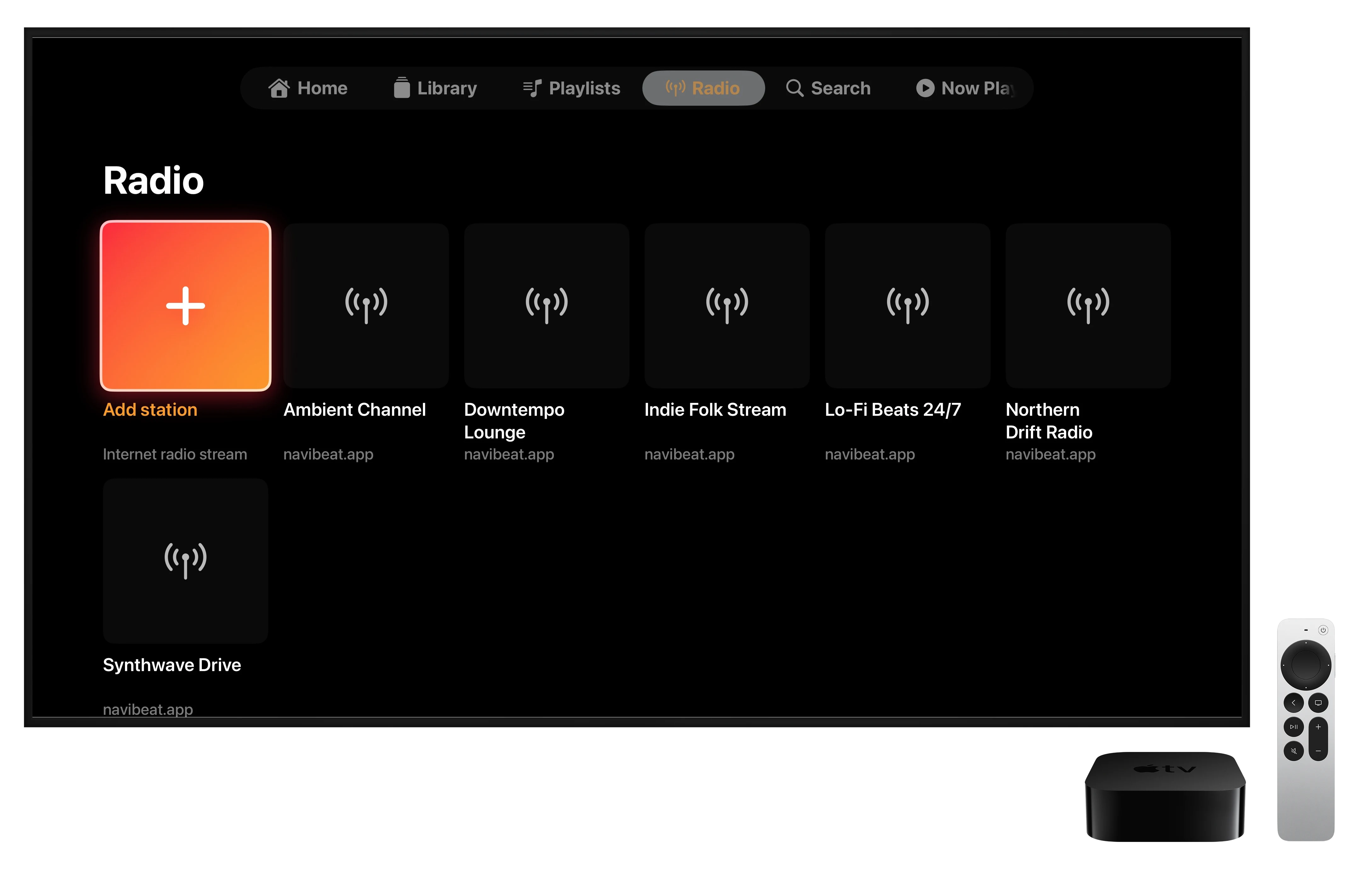 NaviBeat Internet Radio on Apple TV with a list of station tiles.