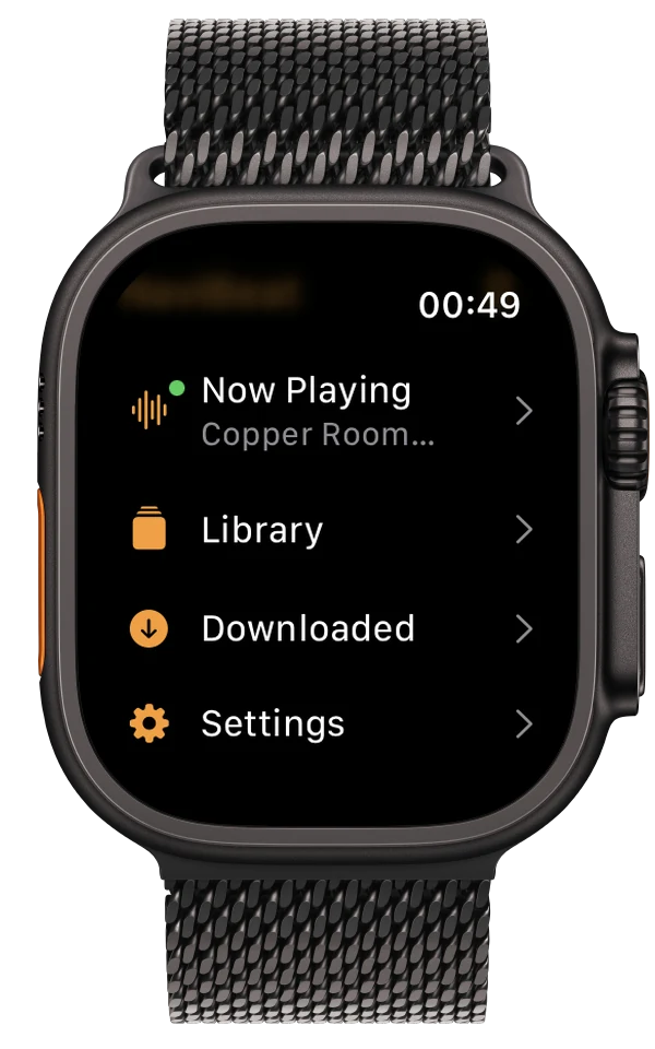 NaviBeat home menu on Apple Watch with compact rows for Now Playing, Library, and Downloaded