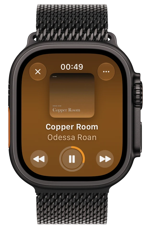 NaviBeat Now Playing on Apple Watch with cover art, track name, artist, progress bar, and transport controls.