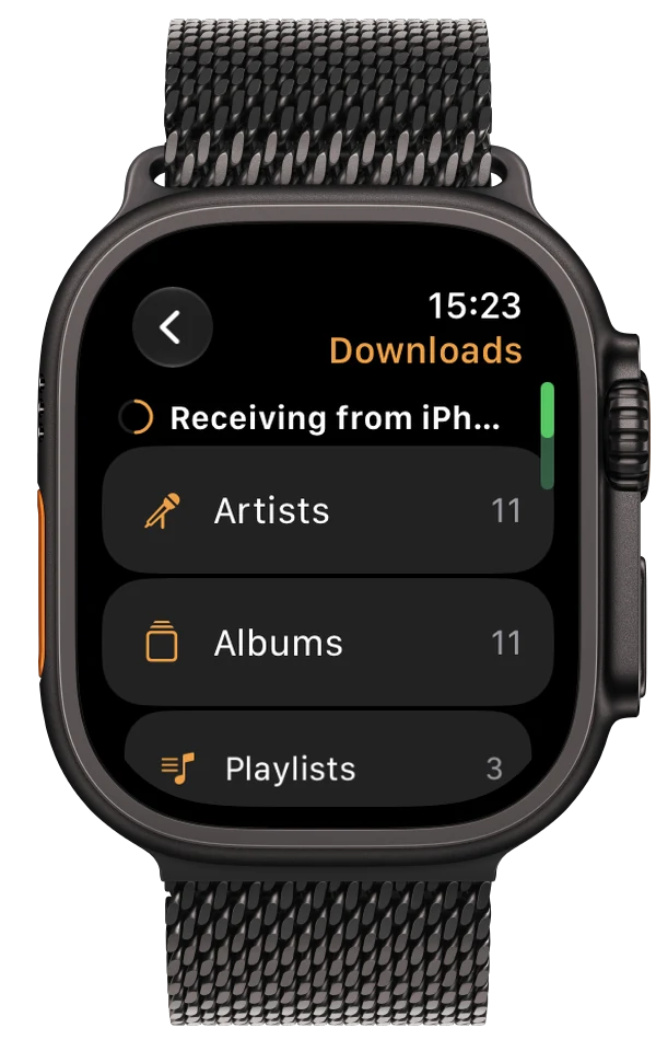 NaviBeat Downloads on Apple Watch showing Receiving from iPhone with Artists, Albums, and Playlists counts