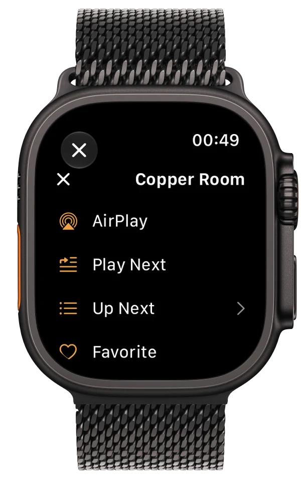 NaviBeat track menu on Apple Watch with Favorite, Rate, Go to Artist, Go to Album, and Download actions