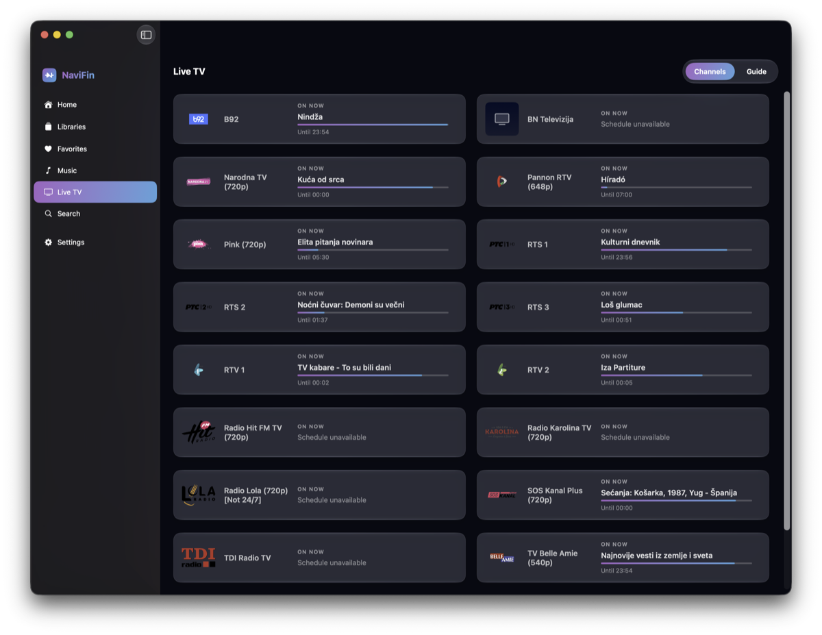 NaviFin Live TV channel list on Mac