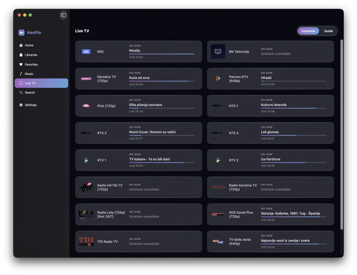 NaviFin Live TV channel list on Mac