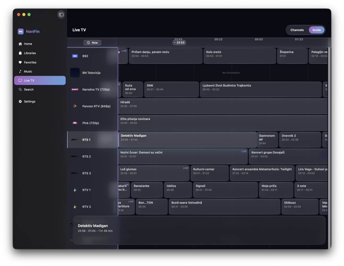 NaviFin Live TV program guide on Mac