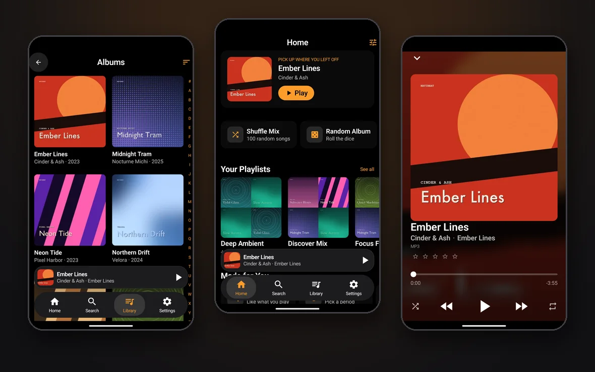 NaviBeat for Android: Albums, Home and Now Playing on a phone