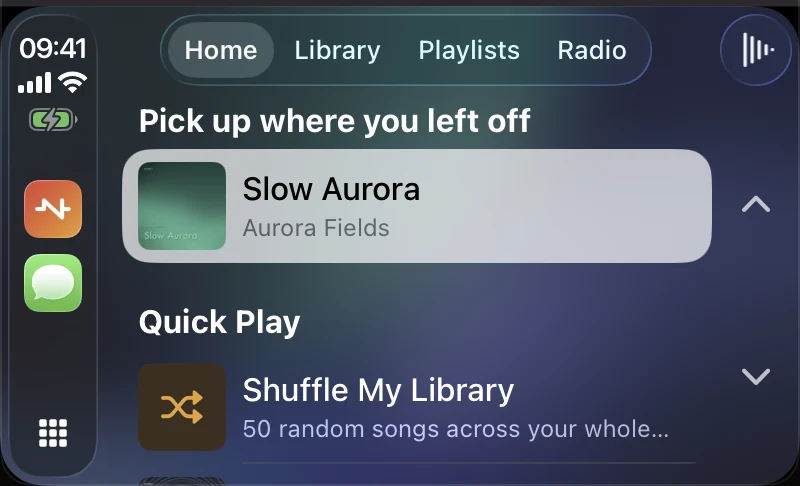 NaviBeat on a CarPlay screen showing the Home tab with Pick up where you left off and Quick Play.