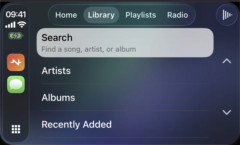 NaviBeat on a CarPlay screen: the Library tab with a search field and rows for Artists, Albums and Recently Added.