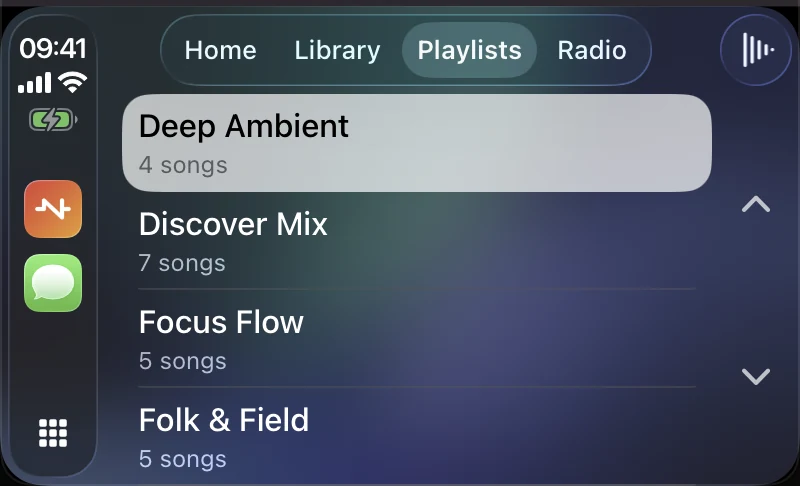 NaviBeat on a CarPlay screen: the Playlists tab listing Deep Ambient, Discover Mix, Focus Flow and Folk and Field with track counts.