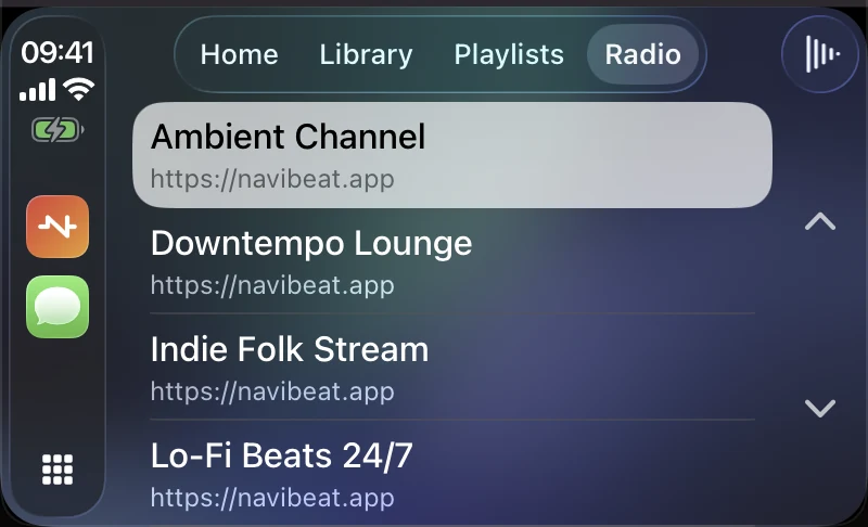 NaviBeat on a CarPlay screen: the Radio tab listing Ambient Channel, Downtempo Lounge, Indie Folk Stream and Lo-Fi Beats 24/7.