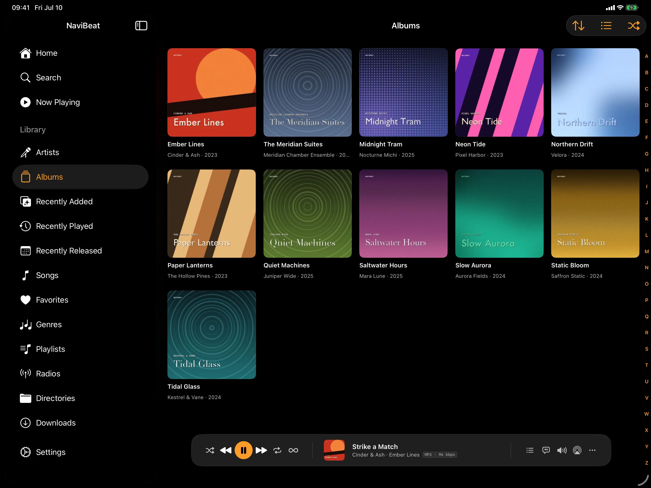 NaviBeat on iPad showing a dense album grid in a sidebar layout built for the larger screen