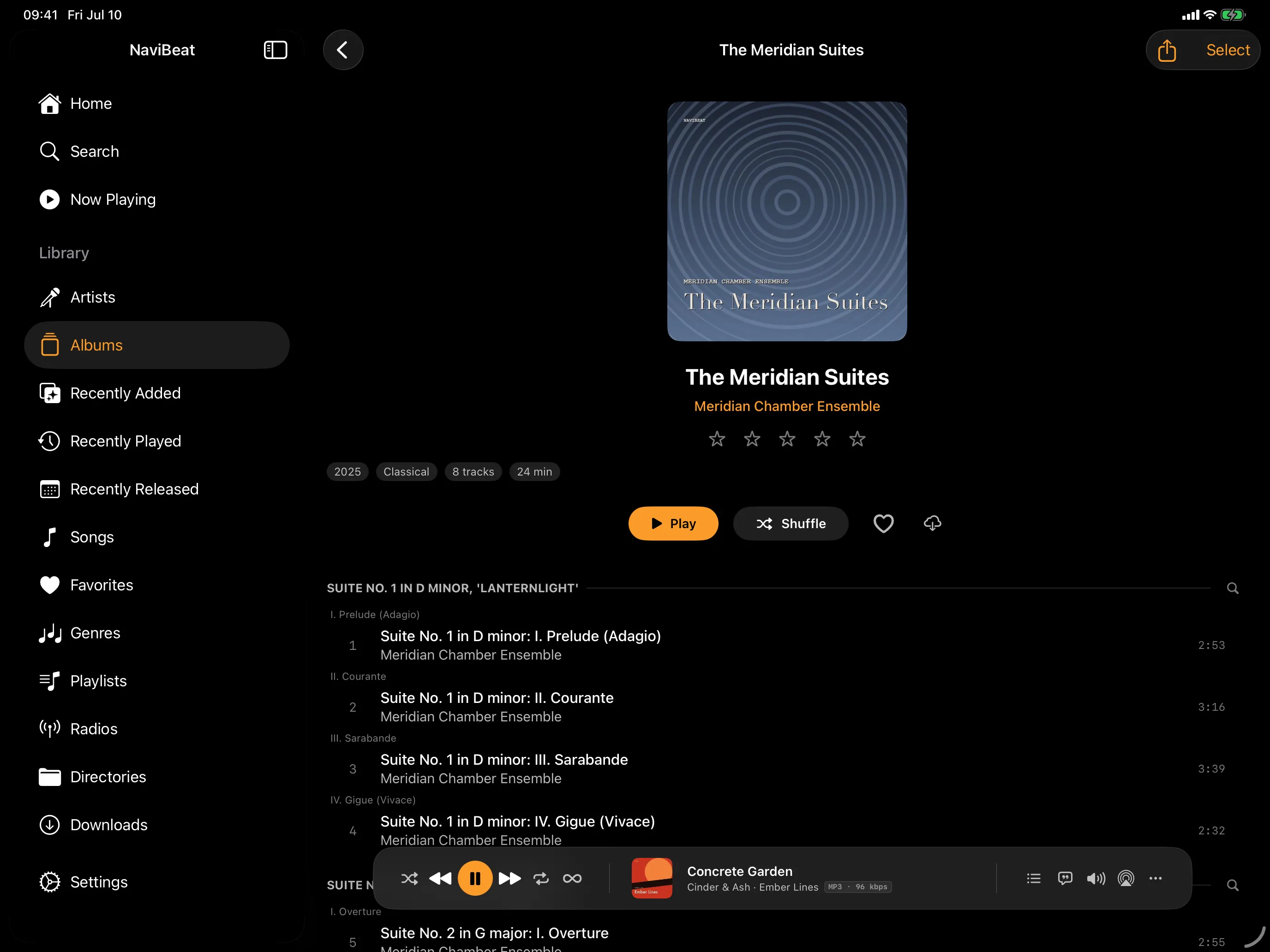 NaviBeat album detail on iPad showing The Meridian Suites grouped by work, with Suite No. 1 in D minor and its four movements listed in order
