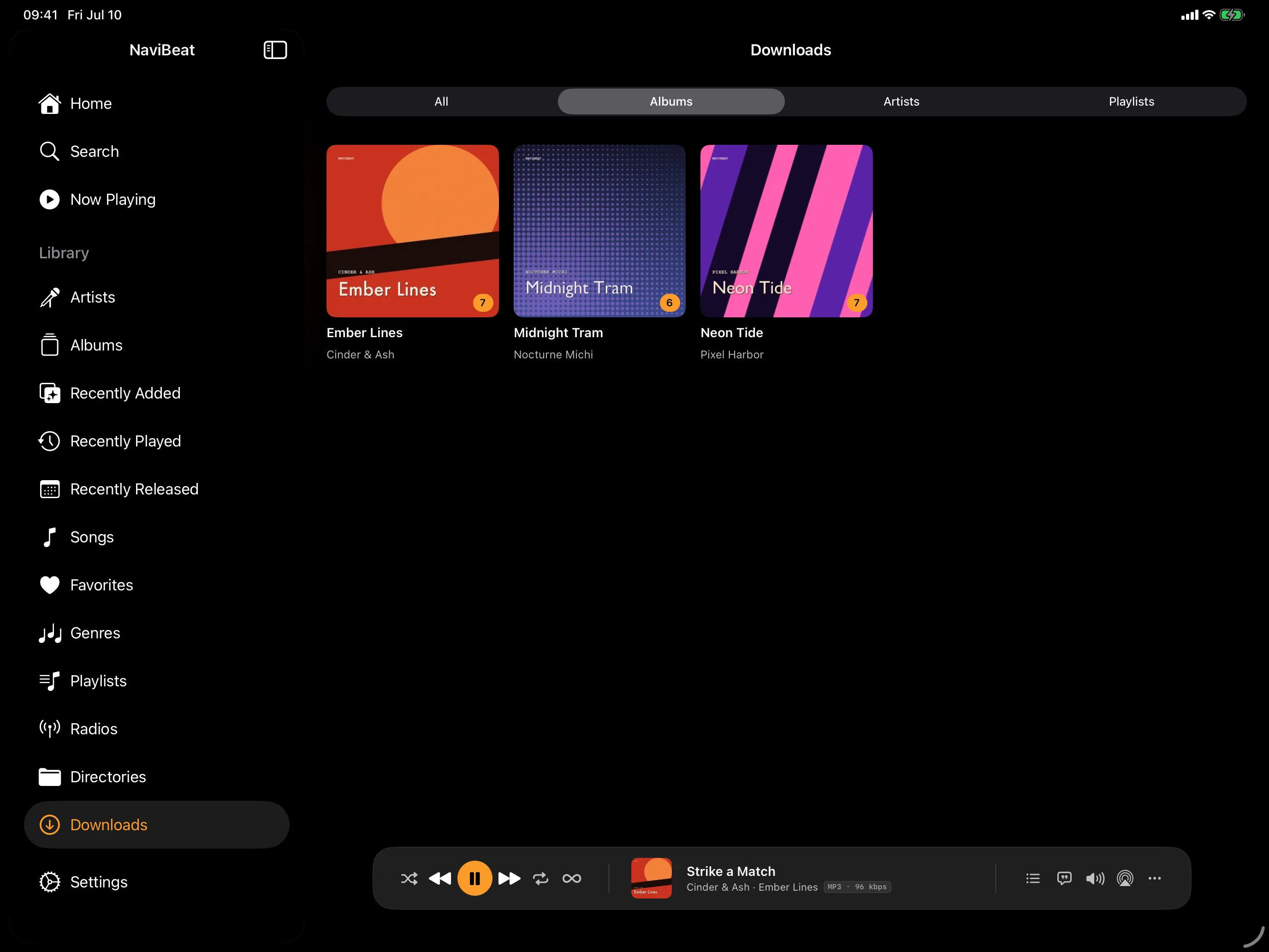 NaviBeat Downloads on iPad with All, Albums, Artists, and Playlists filters and three downloaded albums shown
