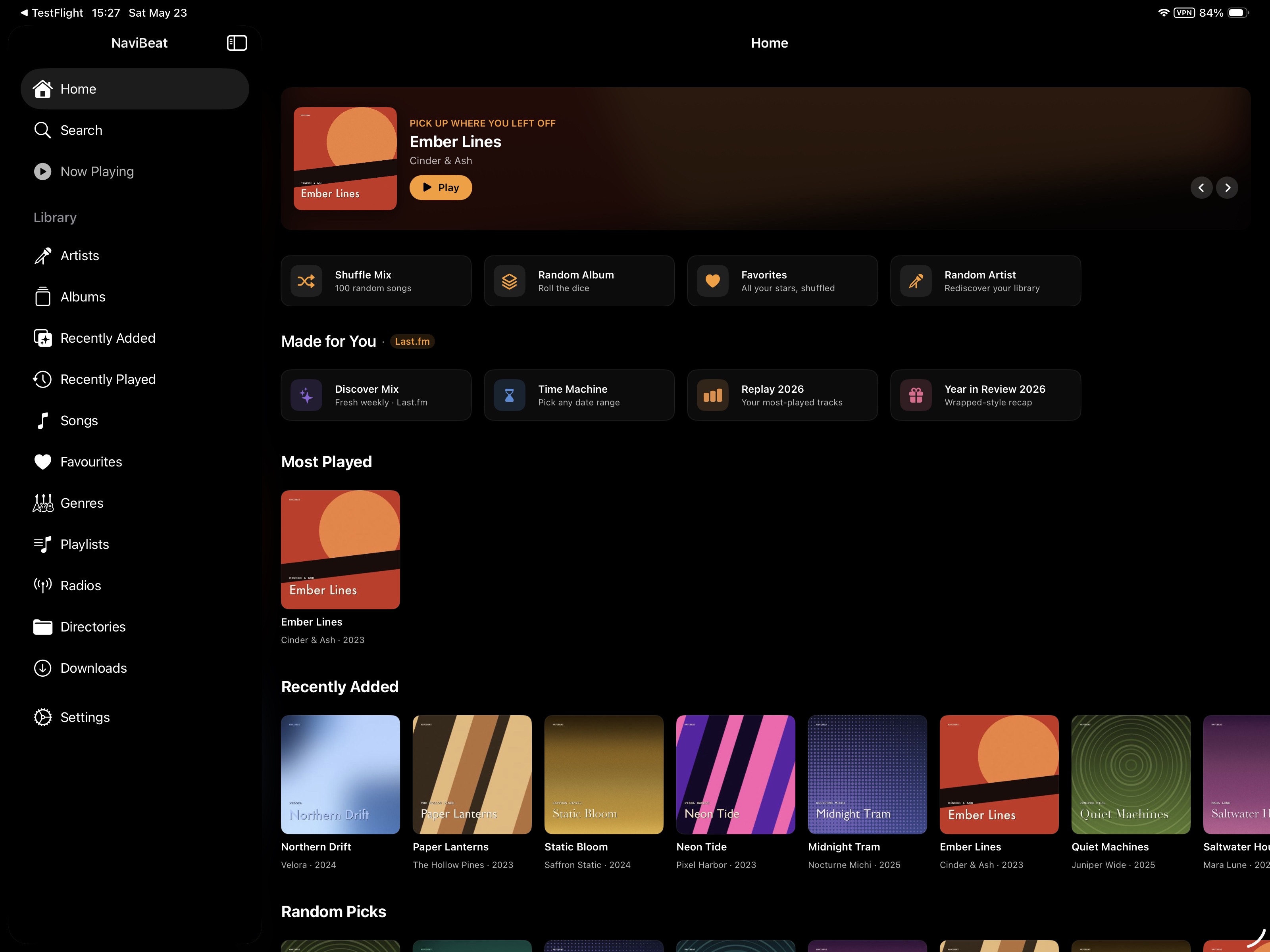 NaviBeat Home on iPad Pro with sidebar, Featured Album hero, Quick Play row, and Most Played shelf.