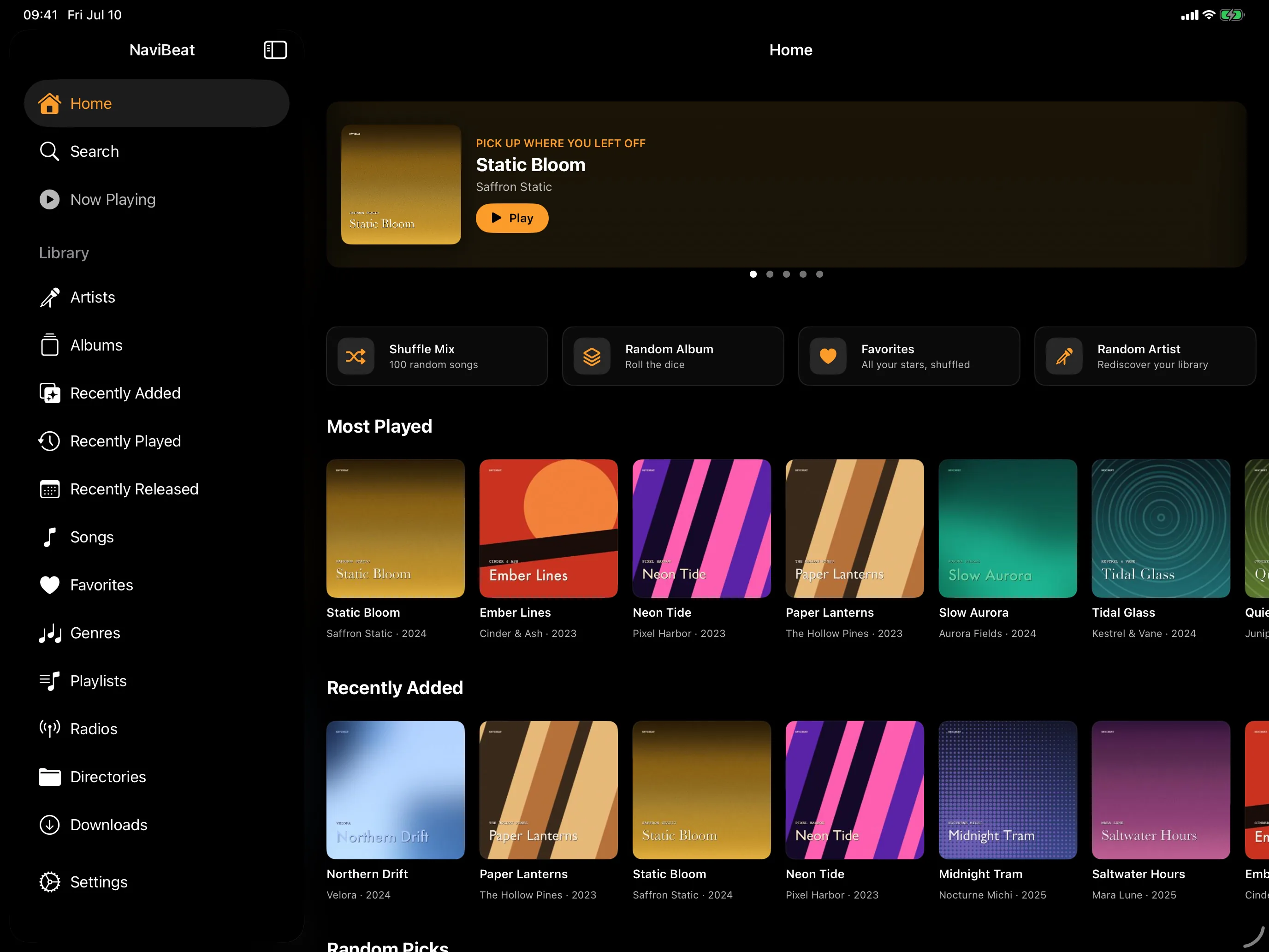 NaviBeat Home on iPad Pro with sidebar, Featured Album hero, Quick Play row, and Most Played shelf.
