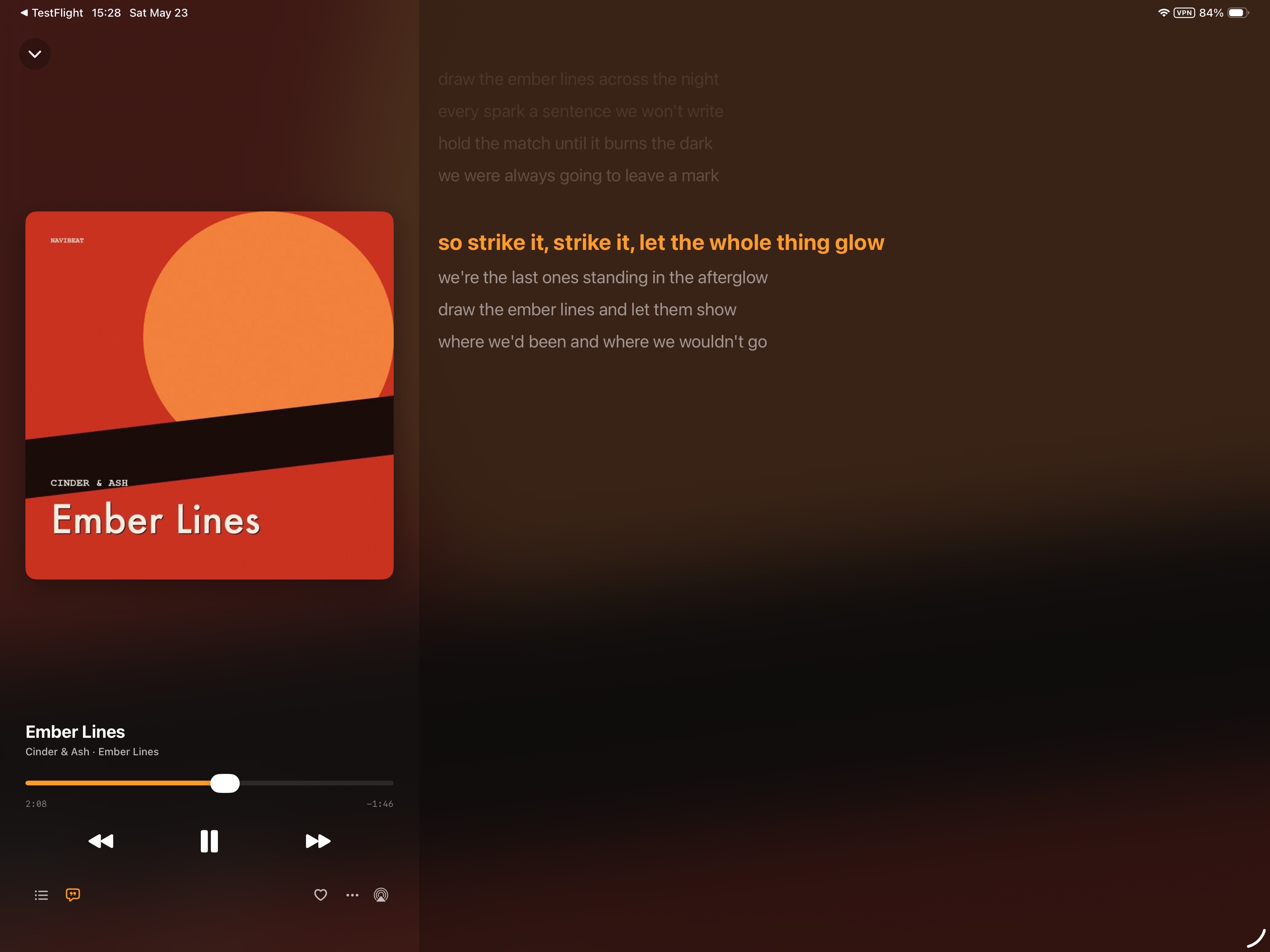NaviBeat iPad lyrics view with time-synced LRC