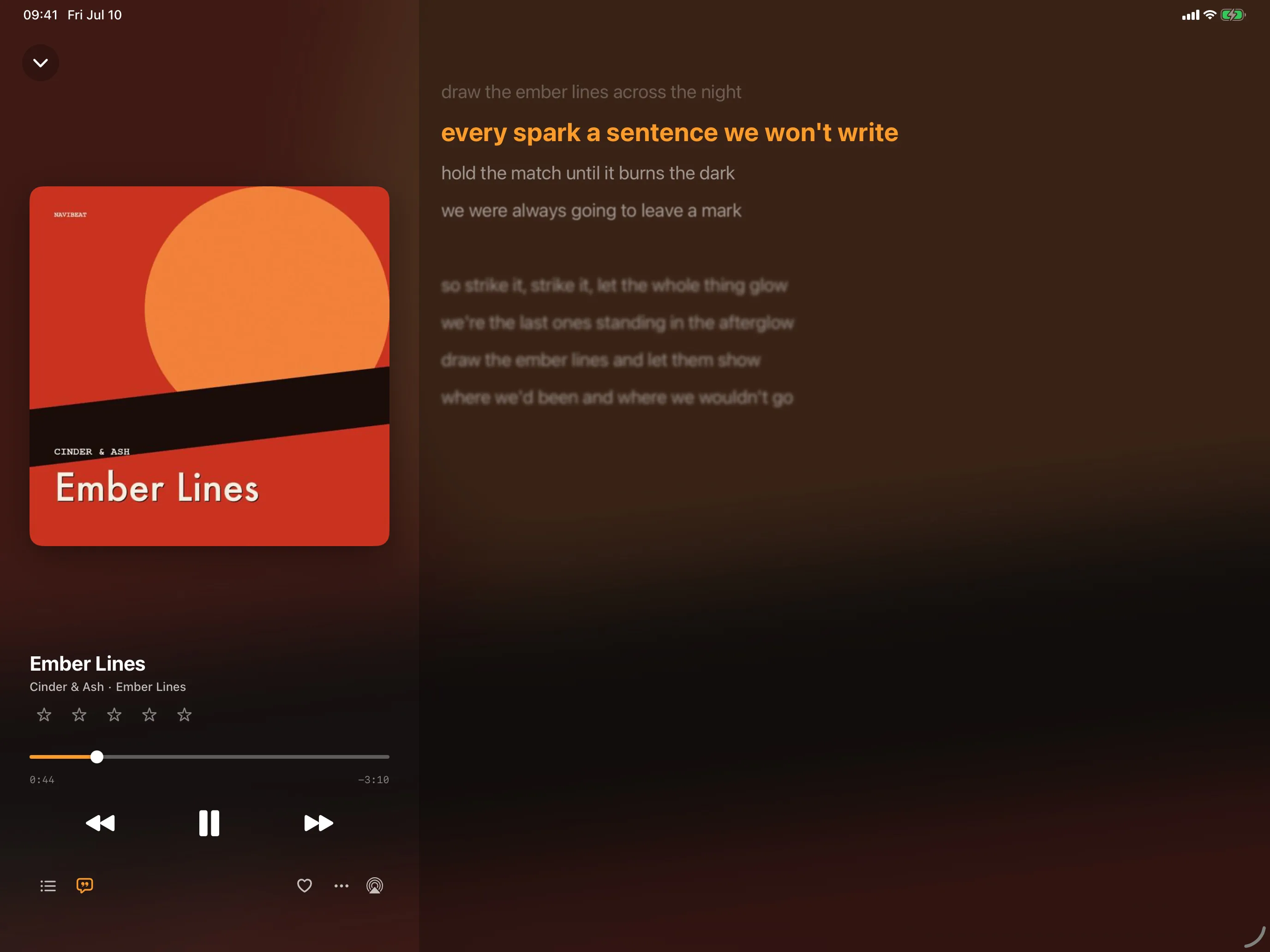 NaviBeat iPad lyrics view with time-synced LRC