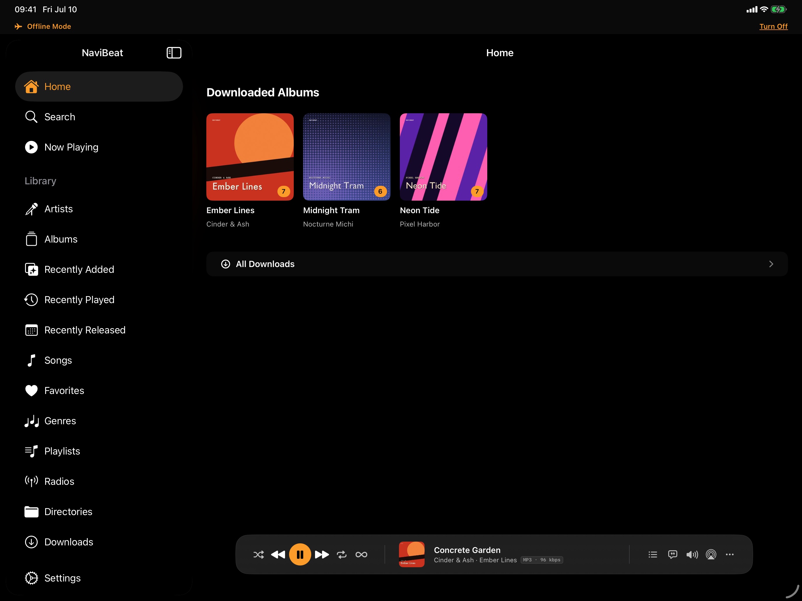 NaviBeat Home on iPad in Offline Mode, with a Downloaded Albums shelf and an orange Offline Mode banner
