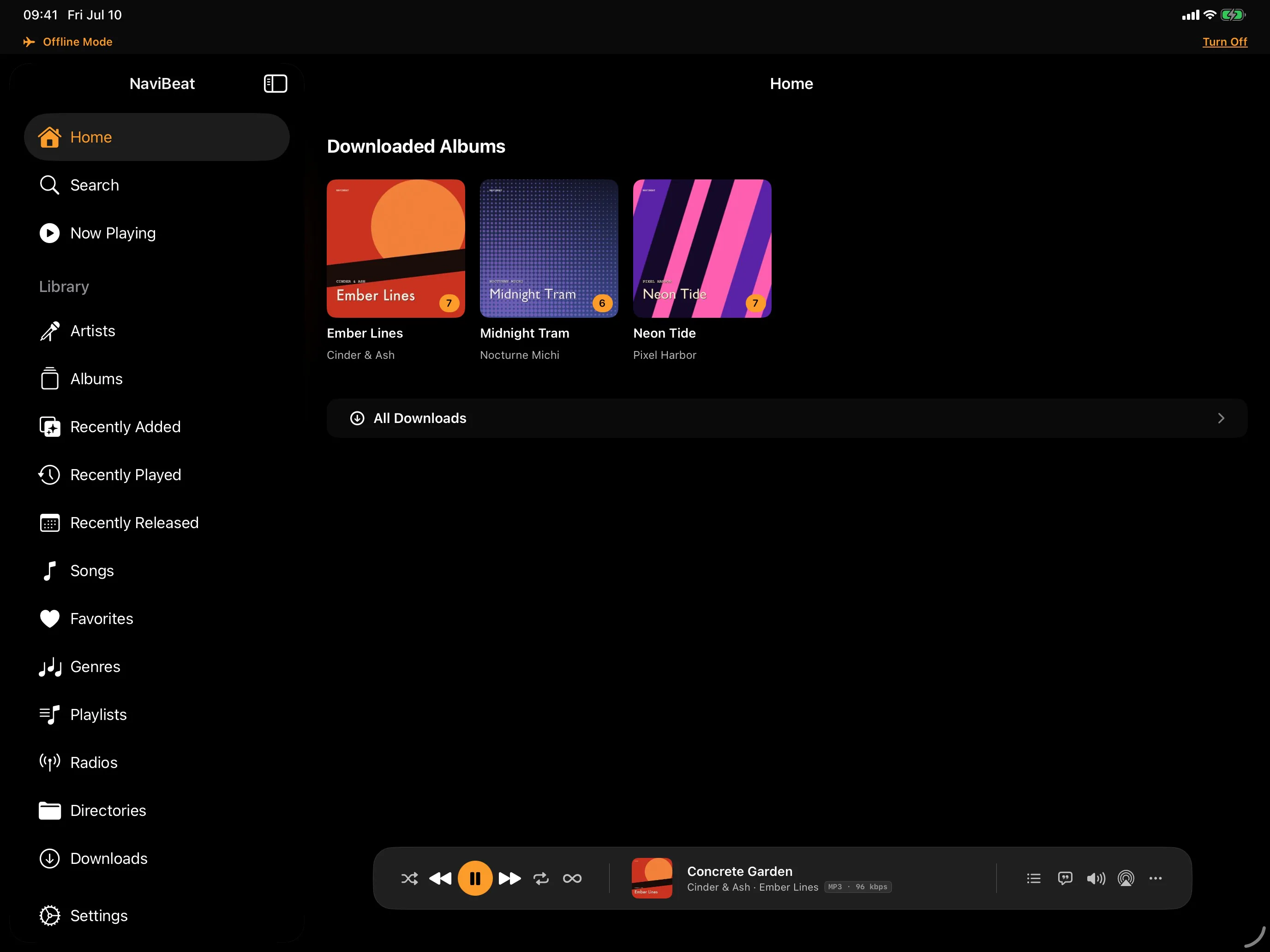 NaviBeat Home on iPad in Offline Mode, with a Downloaded Albums shelf and an orange Offline Mode banner