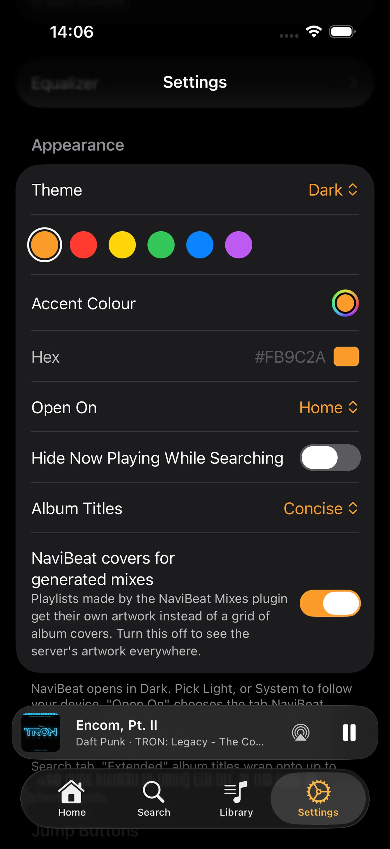 NaviBeat Appearance settings on iPhone: six accent colour swatches with amber selected, a full colour picker, and a hex field reading #FB9C2A